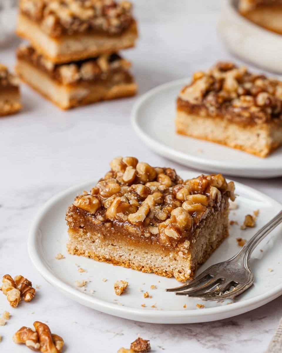 Two square nut bars on a white plate, each bar has two layers: a thick, light golden crust on the bottom and a thick top layer of mixed chopped walnuts in a glossy brown syrup. The bars have a slightly rough texture on top from the nuts. A silver fork lies beside the bars on the plate. In the background, more nut bars are stacked on a white plate and one bar rests on a white marbled surface with some walnut crumbs around. Photo taken with an iphone --ar 4:5 --v 7