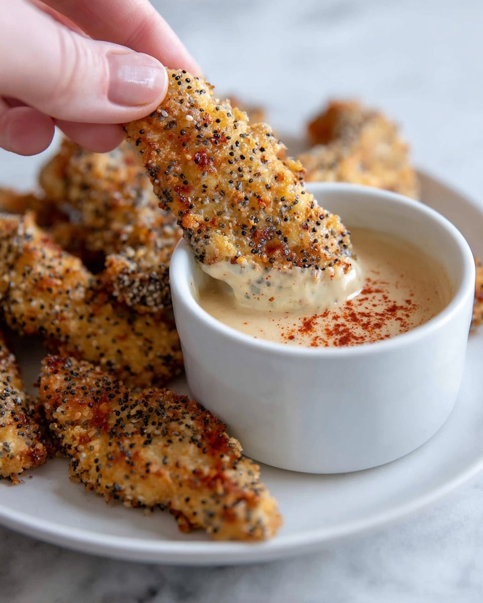 A close-up shows a woman's hand holding a crispy, golden brown chicken strip covered with poppy seeds and spices, dipped halfway into a small white cup filled with creamy sauce sprinkled with a reddish powder. The white plate beneath holds more crispy chicken strips, all showing a crunchy texture with visible black and white seeds on the golden surface. The background is a white marbled texture, giving a clean look. photo taken with an iphone --ar 4:5 --v 7