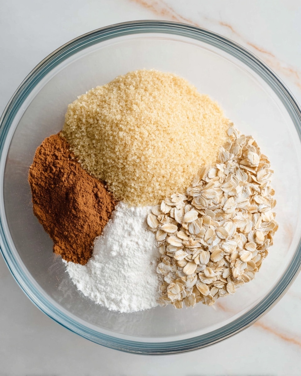 A clear glass bowl sits on a white marbled surface, holding four separate piles of dry ingredients that fill the bowl halfway. The biggest pile is a light yellow grainy sugar, placed in the top half. To its right, there is a group of light beige rolled oats with a rough texture. Below the oats, there is a small mound of brown cinnamon powder with a smooth, fine texture. To the left, there is a pile of white flour that looks soft and powdery, next to a tiny bit of white salt. The ingredients are clearly separated and not mixed. Photo taken with an iphone --ar 4:5 --v 7