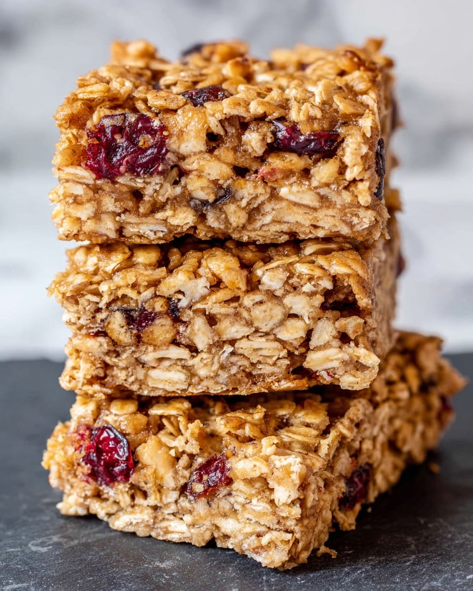 Three granola bars are stacked on top of each other on a dark slate surface set against a white marbled background. Each bar shows a rough texture of oats mixed with visible pieces of red dried cranberries and bits of nuts, giving a crunchy look. The bars have a golden-brown color with some darker spots where they are toasted, showing a chewy and oat-heavy mix. The layers clearly show oats pressed together with bits of fruit and nuts scattered inside. Photo taken with an iphone --ar 4:5 --v 7