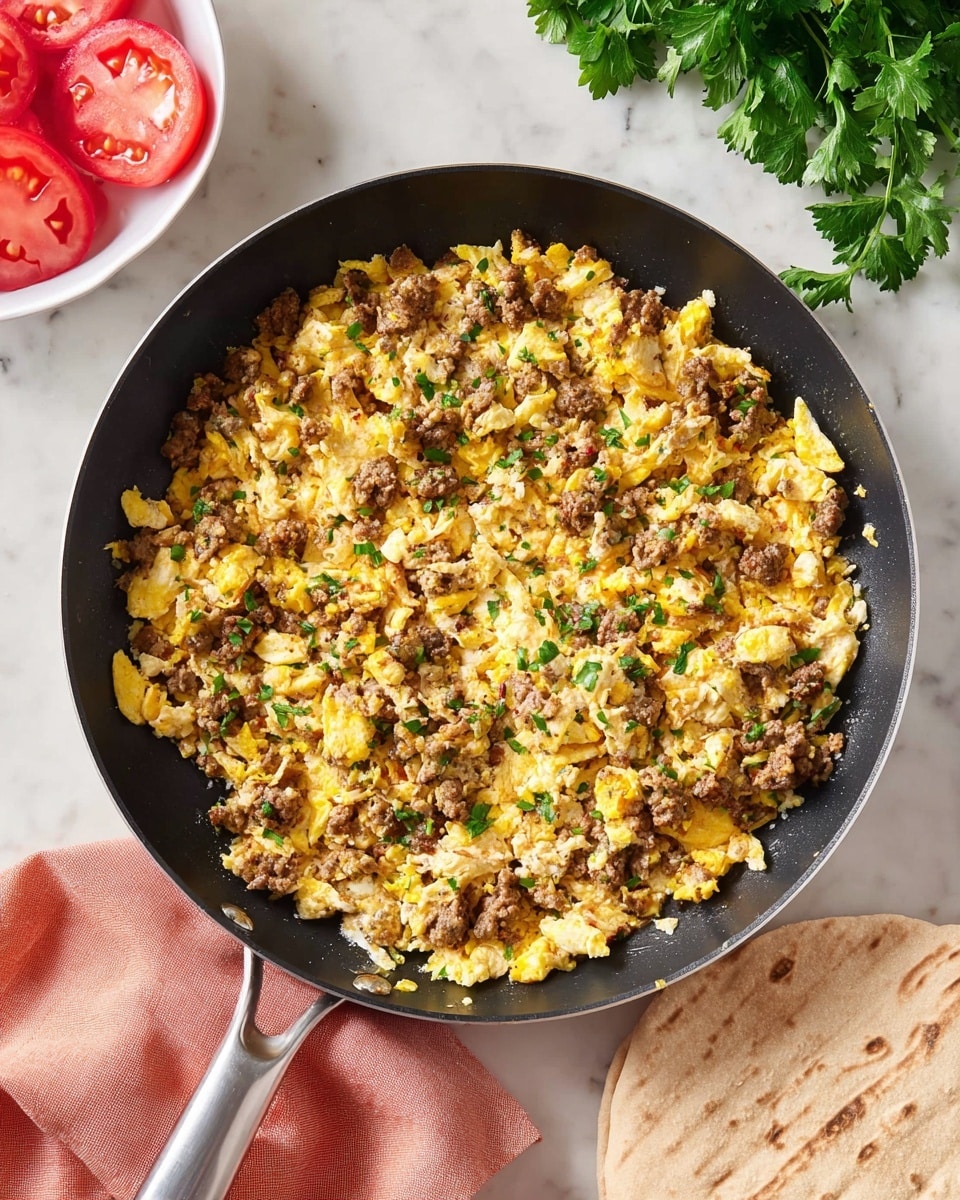 A black frying pan with a silver handle holds a cooked mixture of scrambled eggs and browned ground meat, evenly mixed with small green herb bits sprinkled on top. The dish shows layers of light yellow eggs and dark brown meat pieces throughout, with specks of green herbs adding color dots. A bunch of fresh parsley is placed on the white marbled surface near the pan, and a white bowl with bright red sliced tomatoes is visible near the top edge. A piece of flatbread sits on the bottom right on the white marbled surface, and a peach-colored cloth is partially beneath the pan's handle photo taken with an iphone --ar 4:5 --v 7