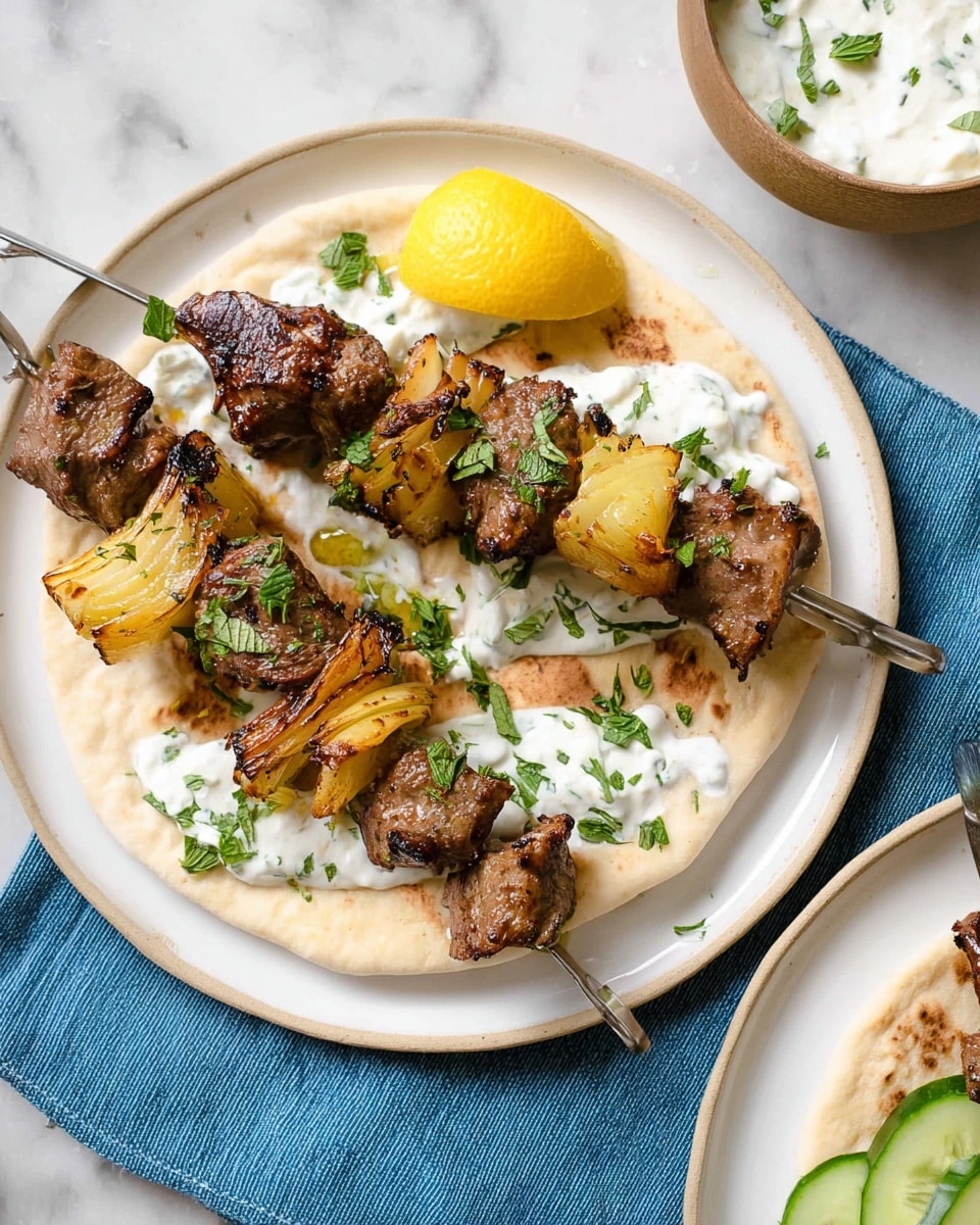 The image shows two metal skewers each with grilled brown meat chunks and roasted yellow onion pieces, placed on a flat round bread on a white plate. The bread has a layer of white creamy sauce with small green pieces, sprinkled with chopped green herbs. A yellow lemon wedge is placed on the edge of the plate. On the side, part of another white plate with white sauce and a green cucumber slice is visible. The background is a white marbled surface with a blue cloth under the plate. photo taken with an iphone --ar 4:5 --v 7