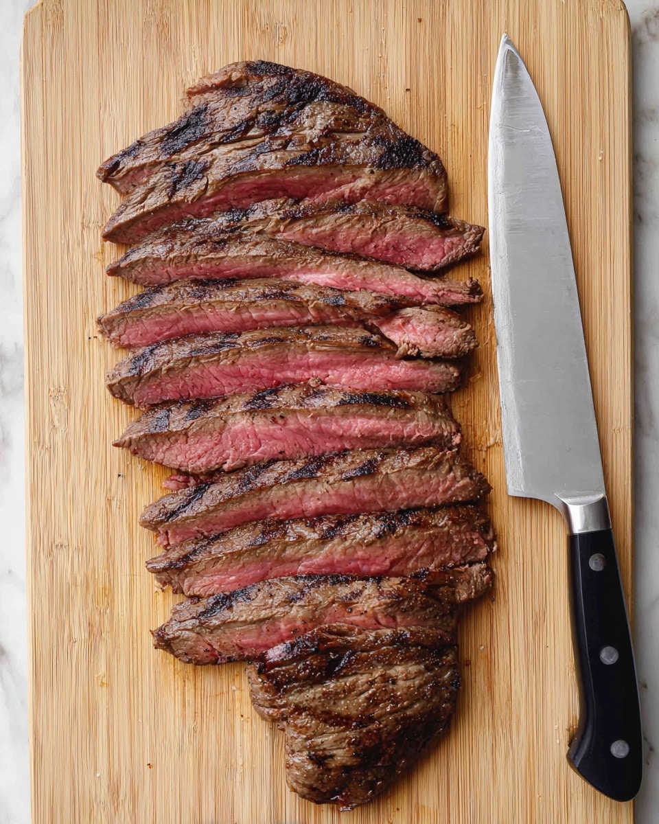 The image shows a sliced steak arranged on a light wooden cutting board. The steak has about ten visible layers, each with a dark charred brown outer edge and a pink center, showing it is cooked medium rare. The texture of the meat looks tender with grill marks on each slice. To the right of the steak, a large chef knife with a black handle and silver blade lays flat on the board. The background is a white marbled texture. Photo taken with an iphone --ar 4:5 --v 7