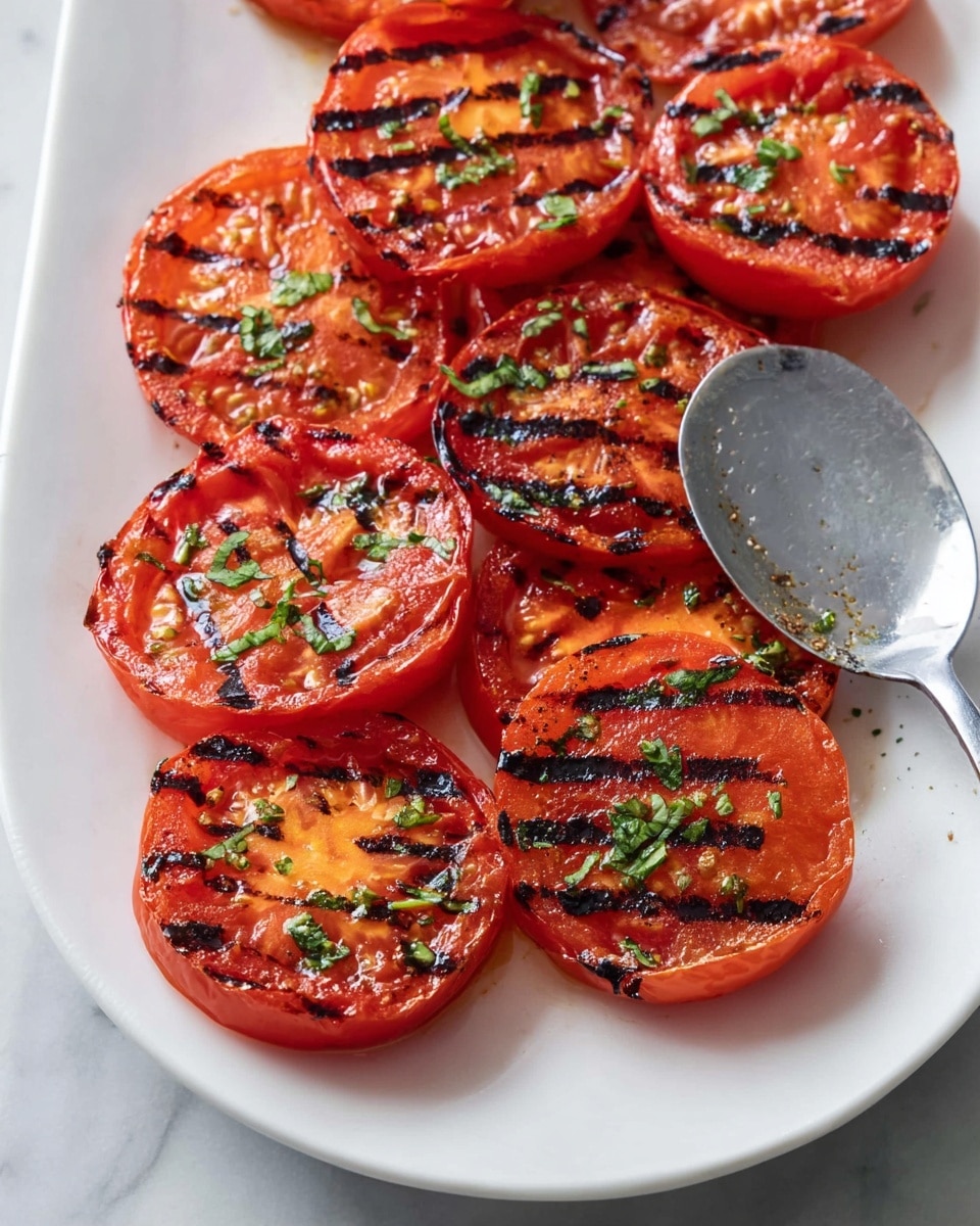 Slices of bright red grilled tomatoes are arranged in two rows on a white plate. Each tomato half shows dark grill marks that create bold black lines across their soft, juicy flesh. Tiny pieces of green herbs are sprinkled on top, adding a fresh touch of color to the warm tomatoes. A silver spoon rests against one tomato on the right side, its shiny surface reflecting the tomato’s red shade. The plate sits on a white marbled surface. Photo taken with an iphone --ar 4:5 --v 7