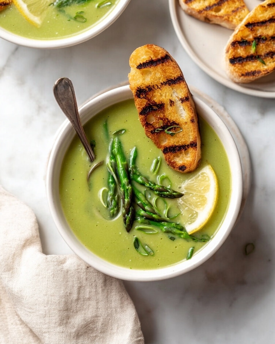 The image shows a bowl of green soup with a smooth texture, topped with thin green asparagus spears, sliced green onions, and a lemon wedge on one side. A toasted piece of bread with grill marks leans on the edge of the white bowl, with a silver spoon inside the soup near the bread. Two grilled bread pieces are on a separate white plate in the background, all placed on a white marbled surface. A light beige cloth is partially visible around the bowl. photo taken with an iphone --ar 4:5 --v 7