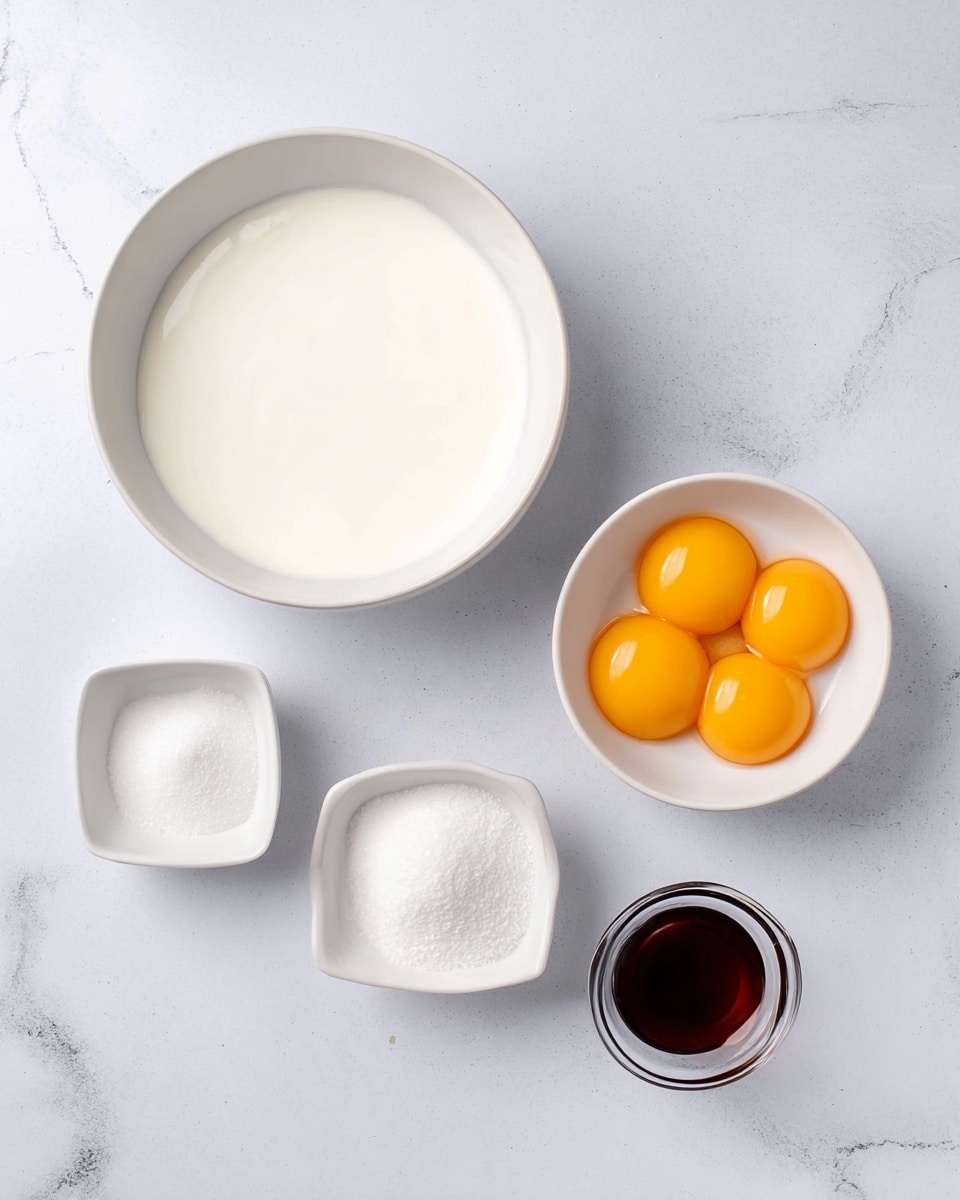The image shows five white bowls placed on a white marbled surface, each containing different ingredients. The largest bowl on the left is filled with a thick, creamy white liquid. To the right, a medium bowl holds five bright yellow egg yolks closely piled together. Below the bowl with yolks, a small white bowl is filled with fine white granulated sugar, and next to it on the left is a very small square bowl with a powdery white substance. Lastly, a small clear glass bowl holds a dark brown liquid, possibly vanilla extract, positioned at the bottom right corner. The arrangement is neat and minimal. Photo taken with an iphone --ar 4:5 --v 7