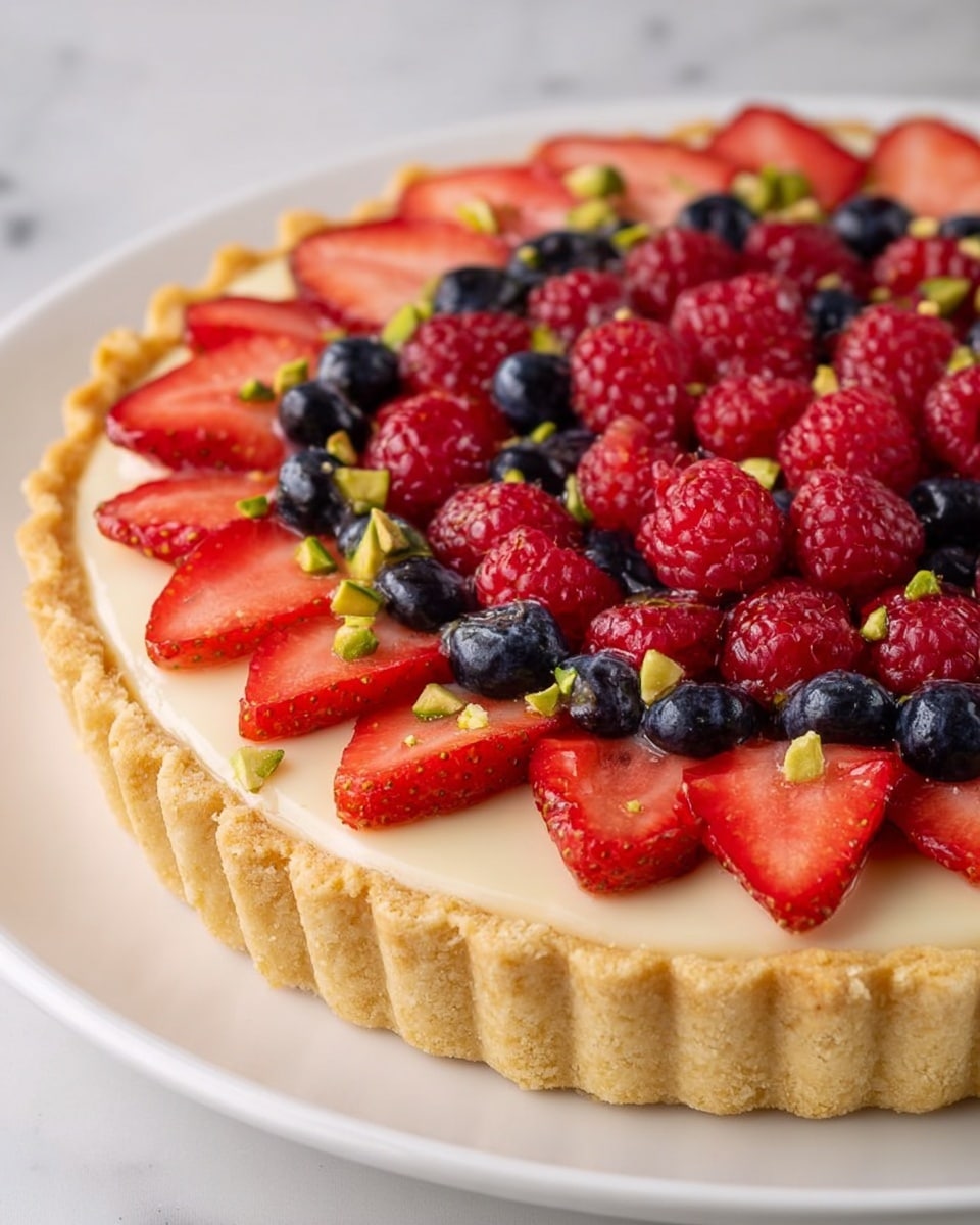 A fruit tart with three visible layers is shown on a white plate against a white marbled background. The bottom layer is a golden, crumbly crust with a scalloped edge. Above it is a smooth, creamy pale layer that fills the crust. On top, there is an arrangement of fresh berries: sliced strawberries line the edge forming the first circle, bright red raspberries form the second inner circle, and whole dark blueberries scatter among the raspberries and strawberries. Small green pistachio pieces are sprinkled over the strawberries around the tart's edge. The fruit glistens slightly, suggesting a light glaze. photo taken with an iphone --ar 4:5 --v 7