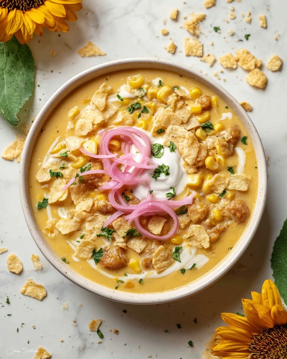 A white speckled bowl filled with thick soup featuring creamy light brown broth, white beans, and yellow corn kernels. The soup is topped with crispy light brown chips, bright green parsley leaves, and thin, curly pink pickled onion slices. A silver spoon lifts a portion showing chunks of the crispy chips, a parsley leaf, yellow corn, and white beans. The bowl rests on a white marbled surface with a blurred bright orange flower in the background. photo taken with an iphone --ar 4:5 --v 7