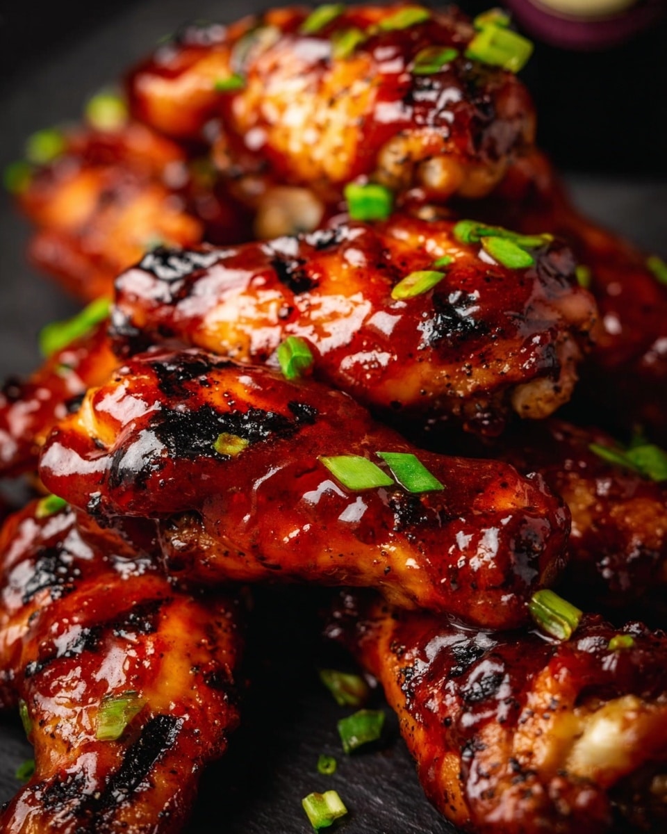 The image shows a close-up of several glazed chicken wings stacked together on a dark surface, with each wing covered in a shiny, sticky reddish-brown sauce that has a glossy texture. Small pieces of chopped green onions are sprinkled over the wings, adding small bright green spots of color. The wings have a grilled look with some charred black marks visible, giving a slightly rough texture in parts. The background is dark and blurred, making the warm tones of the chicken stand out strongly. photo taken with an iphone --ar 4:5 --v 7