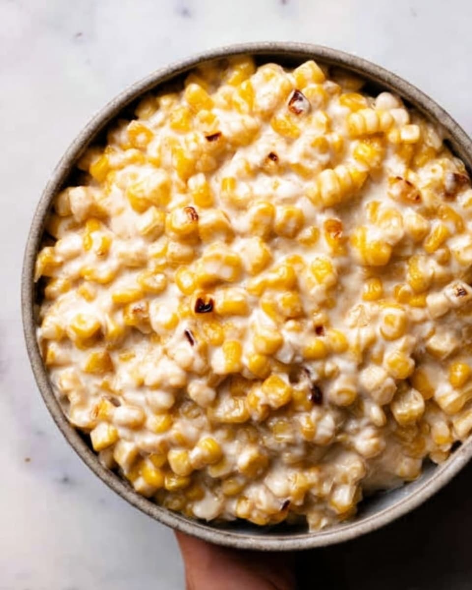 The image shows a close-up view of a bowl filled with creamy corn. The bowl is white and filled to the top with yellow corn kernels that have some light brown grilled marks on them. The creamy sauce around the corn is white and thick, covering the corn unevenly, with some kernels visible more clearly. The bowl is placed on a white marbled surface, and the focus is mainly on the texture of the creamy corn mixture. photo taken with an iphone --ar 4:5 --v 7