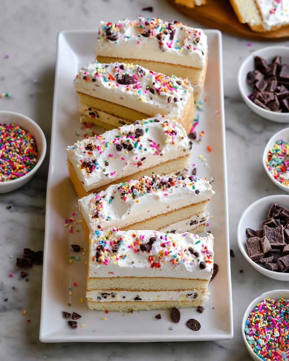 The image shows several slices of a two-layer vanilla cake topped with white whipped cream and colorful sprinkles. Each slice has two thick, light beige cake layers with a creamy white frosting layer in the middle. There are small dark chocolate chips or pieces spread in the frosting layer inside the cake. The slices are placed on a white rectangular plate, which sits on a white marbled surface. Around the plate, there are small white bowls filled with more colorful sprinkles and dark chocolate pieces. The overall look is bright and festive. Photo taken with an iphone --ar 4:5 --v 7