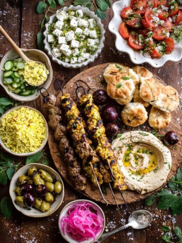 Summer Mezze Platter with Yogurt-Marinated Lamb Skewers Recipe