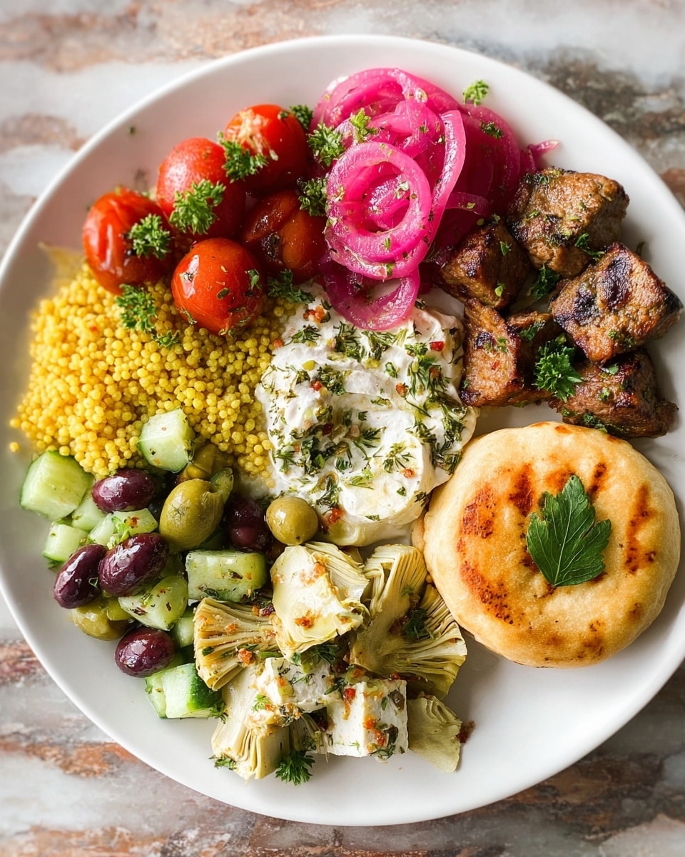 A white plate is filled with seven sections of food arranged in a circle: at the top left, red cherry tomatoes cut in half with green parsley leaves; next to it on the right, bright pink pickled onion slices on top of brown grilled pieces of meat; below that on the right, a golden-brown round bread topped with a small green herb leaf; below the bread, small yellow pearl couscous; continuing counterclockwise, mixed green and black olives alongside pieces of white cheese and light green artichoke hearts sprinkled with herbs; above this, a creamy white spread with green herbs and spices; and in the center, diced cucumber mixed with a creamy white sauce and herbs. The plate rests on a white marbled surface. photo taken with an iphone --ar 4:5 --v 7