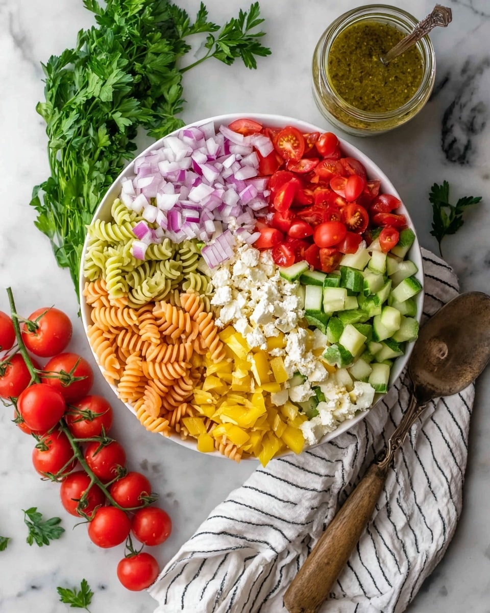 A white bowl sits on a white marbled surface, filled with colorful pasta salad arranged in neat sections. At the base, there are three-color spiral pasta in shades of orange, green, and beige, partially visible under the toppings. Starting from the top, there is a layer of finely chopped red onions with a purple and white mix, followed clockwise by green bell peppers, diced red tomatoes, white crumbled cheese, yellow pepper rings, chopped light green cucumbers, and bright red cherry tomato halves. Near the bowl, on the marble surface, are sprigs of fresh parsley and a bunch of red cherry tomatoes still on the vine. A glass jar with a greenish dressing is next to the bowl, and a rustic spoon with a wooden handle rests on a white cloth with black stripes at the bottom right. The photo taken with an iphone --ar 4:5 --v 7