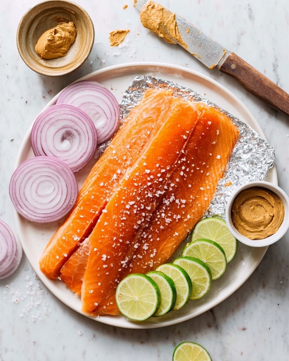 A round white plate on a white marbled surface holds two bright orange fish fillets sprinkled with coarse salt at the center. Below the fillets, there are several thin slices of fresh lime arranged in a slight curve. To the left and right edges of the plate are thin, pale purple onion rings, with some resting on a small piece of silver foil behind the fillets. On the bottom right of the plate, there is a small white bowl filled with light brown mustard-like spread. Above the plate, a wooden-handled knife with some of the brown spread on its blade rests on the surface. Photo taken with an iphone --ar 4:5 --v 7