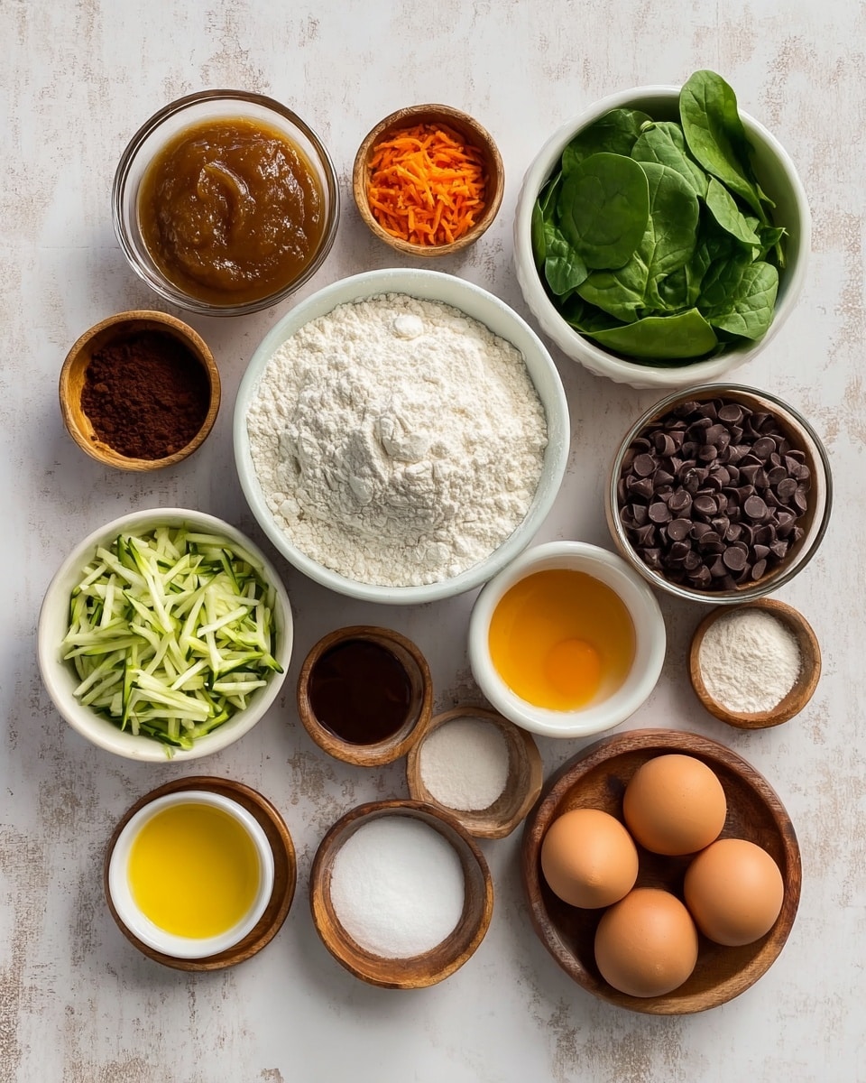 Several small bowls and plates are placed on a white marbled texture, each holding different ingredients. There is a white bowl with a heap of white flour in the center, surrounded by a glass bowl of light brown applesauce, a white bowl with fresh green spinach leaves, and a white bowl filled with dark brown chocolate chips. Around these are smaller bowls with dark brown cocoa powder, bright orange shredded carrots, dark amber liquid, oily yellow liquid, white yogurt or cream, two brown eggs on a small round wooden plate, and three tiny wooden bowls containing white salt, white baking soda, and white baking powder. One bowl contains green shredded zucchini. The colors are vibrant and the textures range from powdery and creamy to leafy and chunky. Photo taken with an iphone --ar 4:5 --v 7