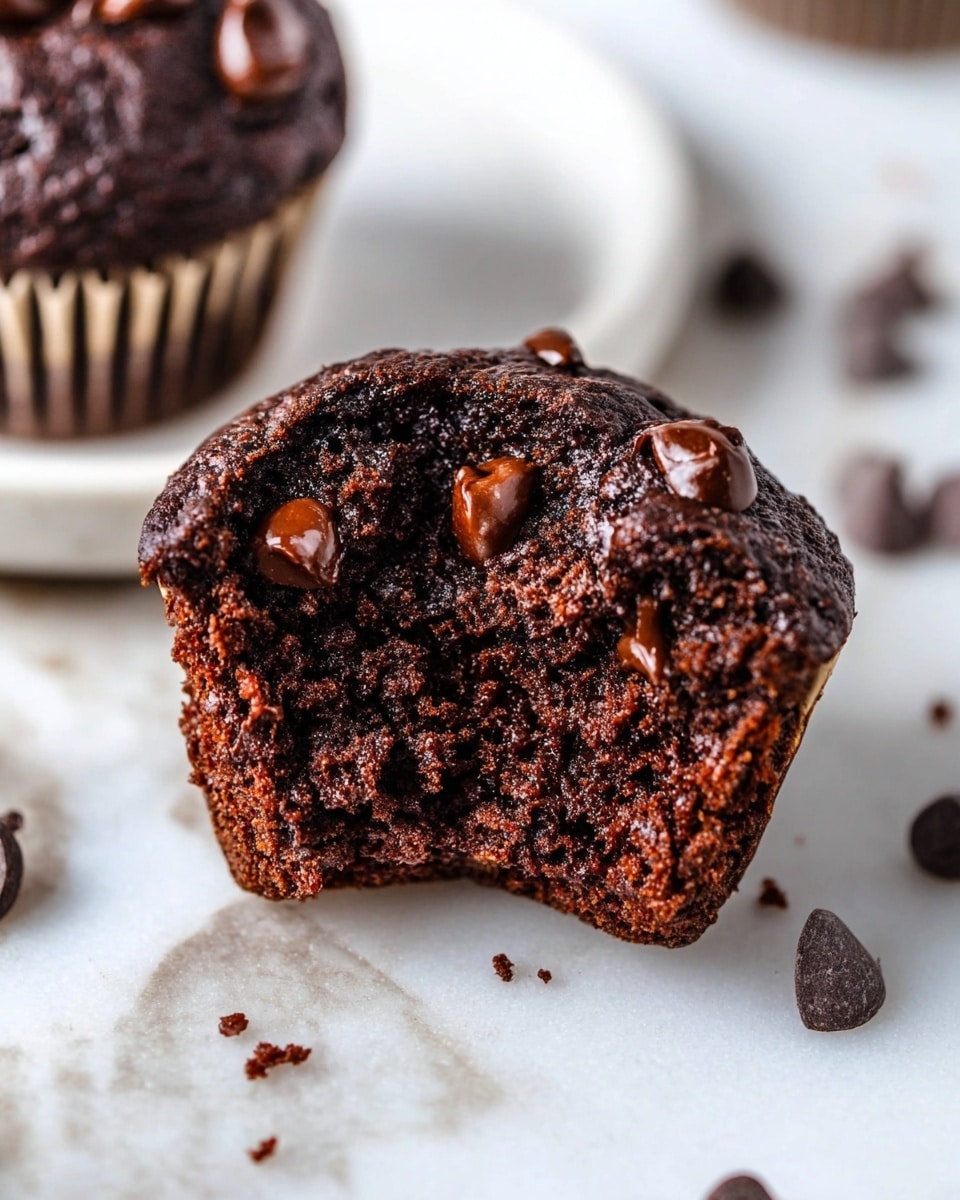 The image shows a close-up of a rich dark chocolate muffin that is cut in half, revealing its moist texture inside. The muffin has chocolate chips melted into the dark brown batter, with some chips on top slightly oozing. It rests on a white marbled surface, with a few scattered chocolate chips around it. Behind the muffin, there is a white plate holding another whole chocolate muffin blurred in the background. The lighting highlights the soft and dense texture of the muffin, making it look fresh and delicious. Photo taken with an iphone --ar 4:5 --v 7
