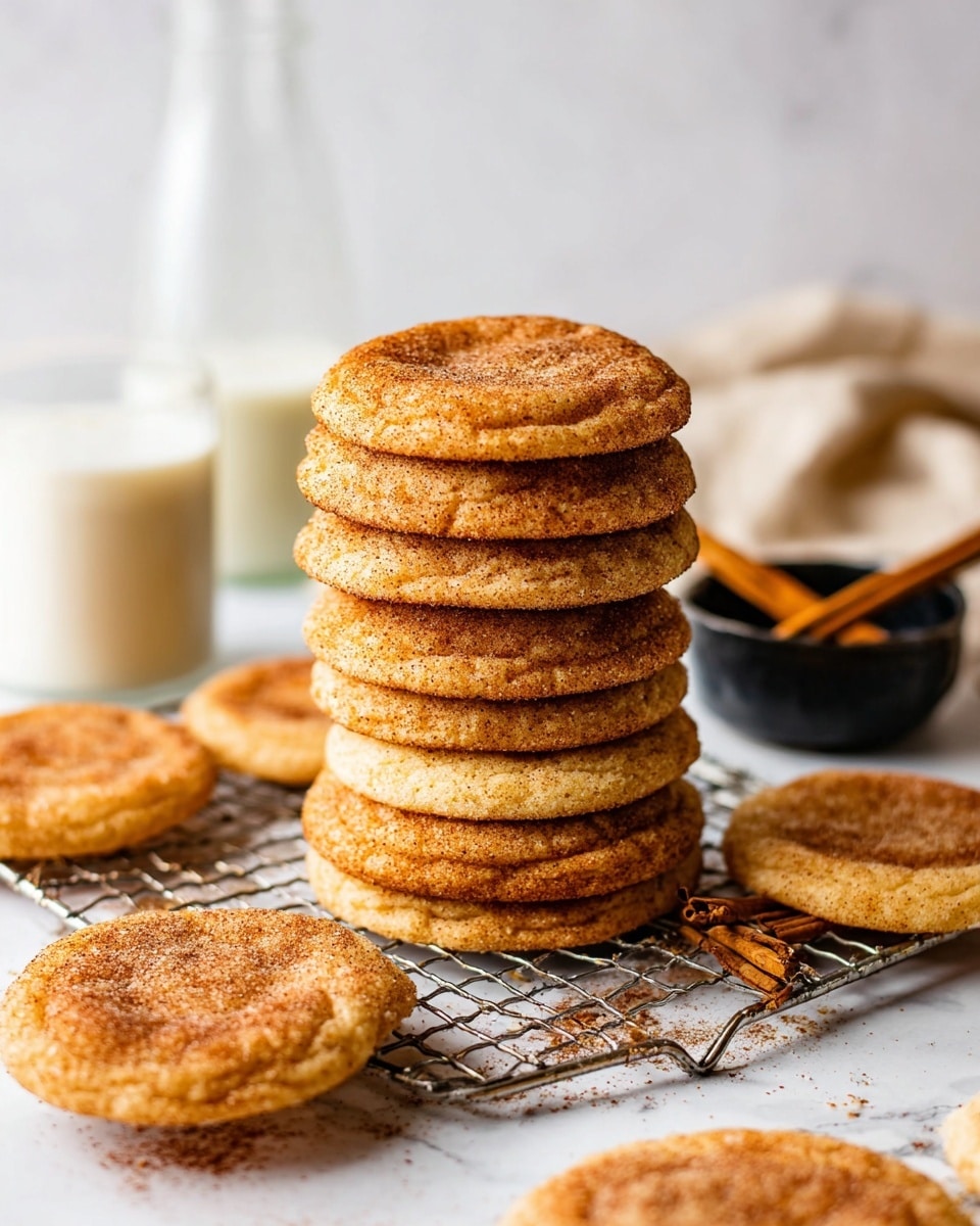 A tall stack of eight round, golden-brown snickerdoodle cookies sits on a metal cooling rack, each cookie showing a slightly cracked surface with a dusting of cinnamon and sugar, giving them a speckled texture. Around the stack, more single cookies lie flat on a white marbled surface, some partially visible. In the background, there is a glass bottle and a glass filled halfway with milk, both blurred slightly for depth, along with a small black bowl holding two cinnamon sticks. The scene is softly lit, creating a warm and cozy feel. Photo taken with an iphone --ar 4:5 --v 7