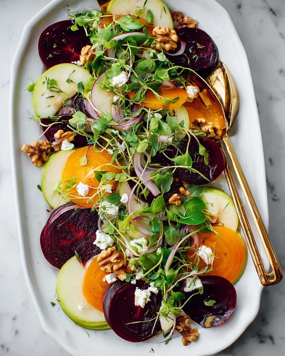 A white oval plate with a salad made of three main layers: thin round slices of dark purple and bright orange beets on the bottom, topped with thin half-moon slices of green apple, and scattered fresh green leafy herbs and microgreens all over. Thin white onion rings are spread on top along with small creamy white cheese crumbles and whole walnut pieces. A pair of golden salad tongs rests on the plate, and the plate is placed on a white marbled surface. photo taken with an iphone --ar 4:5 --v 7