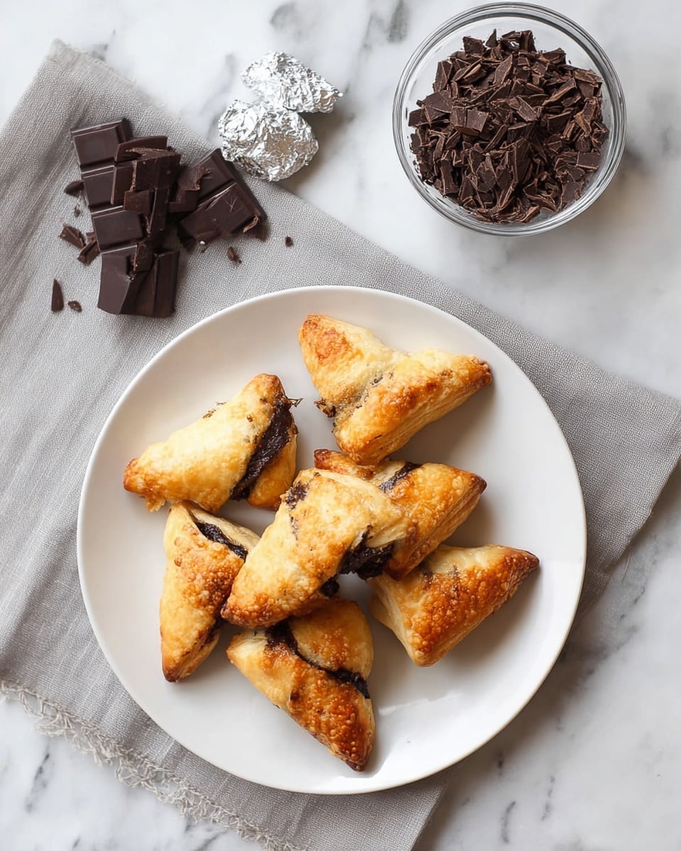 A white plate holds seven small crescent-shaped pastries with a golden brown, slightly shiny crust, each showing a dark chocolate filling strip running through the middle layer. The pastries have a flaky texture with some cracks on the surface, giving a crispy look. The plate sits on a grey napkin, placed on a white marbled surface. In the background, a small glass bowl filled with dark chocolate pieces sits blurred. Photo taken with an iphone --ar 4:5 --v 7