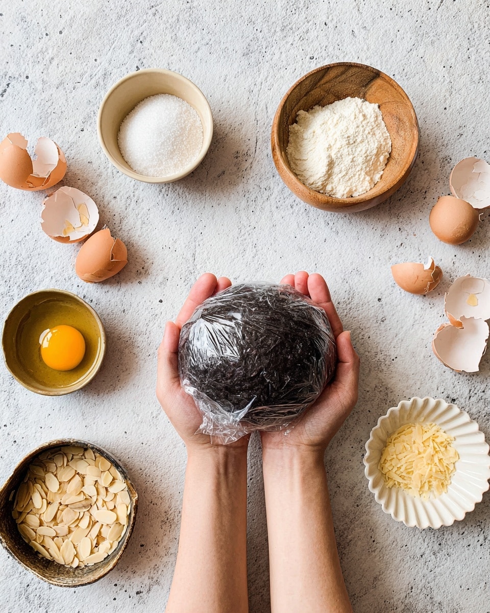 A pair of woman’s hands hold a round black dough wrapped in clear plastic wrap at the bottom center of the image. Above the hands are five small bowls and cracked eggshells arranged on a white marbled surface. The top left has a small beige bowl filled with white powder. Next to it on the right is a small wooden bowl of coarse white salt. To the right of salt is a ruffled white bowl filled with a light yellow powder. Below these, closer to the hands, is a round bronze bowl filled with light brown sliced almonds. On the left side, there are cracked eggshells and a small white bowl with a raw egg yolk inside. The overall scene shows ingredients for baking or cooking. Photo taken with an iphone --ar 4:5 --v 7