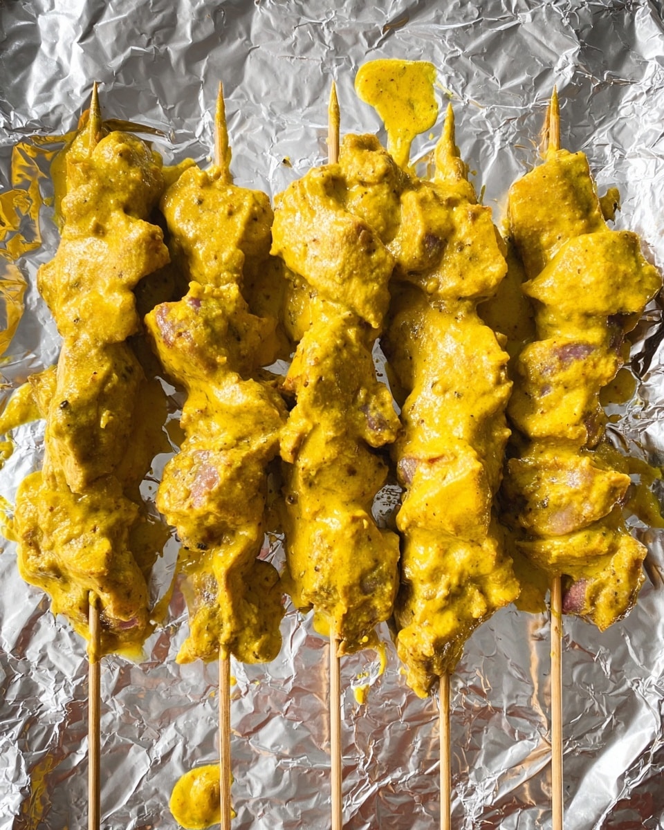 The image shows four wooden skewers laid out horizontally on a shiny silver foil surface with small chunks of raw meat covered thickly in a bright yellow creamy marinade. Each skewer has about 4 to 5 pieces of unevenly shaped meat coated with the sauce that has a slightly textured look with small bits inside. The skewers are closely placed, and the yellow color stands out vividly against the reflective foil. There is a small drop of the marinade outside the meat pieces near the bottom. photo taken with an iphone --ar 4:5 --v 7