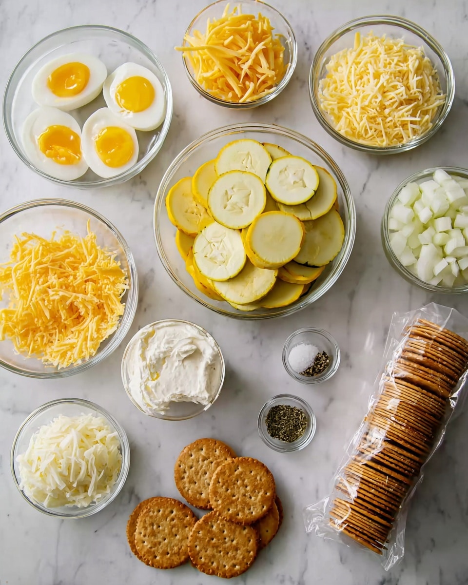 The image shows a white marbled surface with several clear glass bowls and two packs of crackers arranged neatly. There are two raw eggs with bright yellow yolks in one bowl, shredded orange cheese in another, and shredded white cheese in a third bowl. A large bowl filled with slices of yellow squash is in the middle. Other bowls contain diced white onions, a round block of butter, a creamy mayonnaise-like sauce, shredded Parmesan cheese, and dollops of sour cream. Two stacks of round brown crackers are placed upright, still inside their clear plastic packaging. Small bowls hold salt, black pepper, and dried herbs. photo taken with an iphone --ar 4:5 --v 7