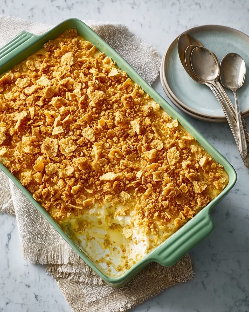 A rectangular green baking dish filled with two main layers: the bottom layer is creamy with a light yellow color and soft texture, while the top layer is covered with a thick, crumbly topping made of crushed golden-brown crackers scattered unevenly. The dish sits on a white marbled surface, with a beige cloth napkin to the side and two silver spoons resting on the napkin. The overall look is warm and crunchy on top, smooth underneath. photo taken with an iphone --ar 4:5 --v 7