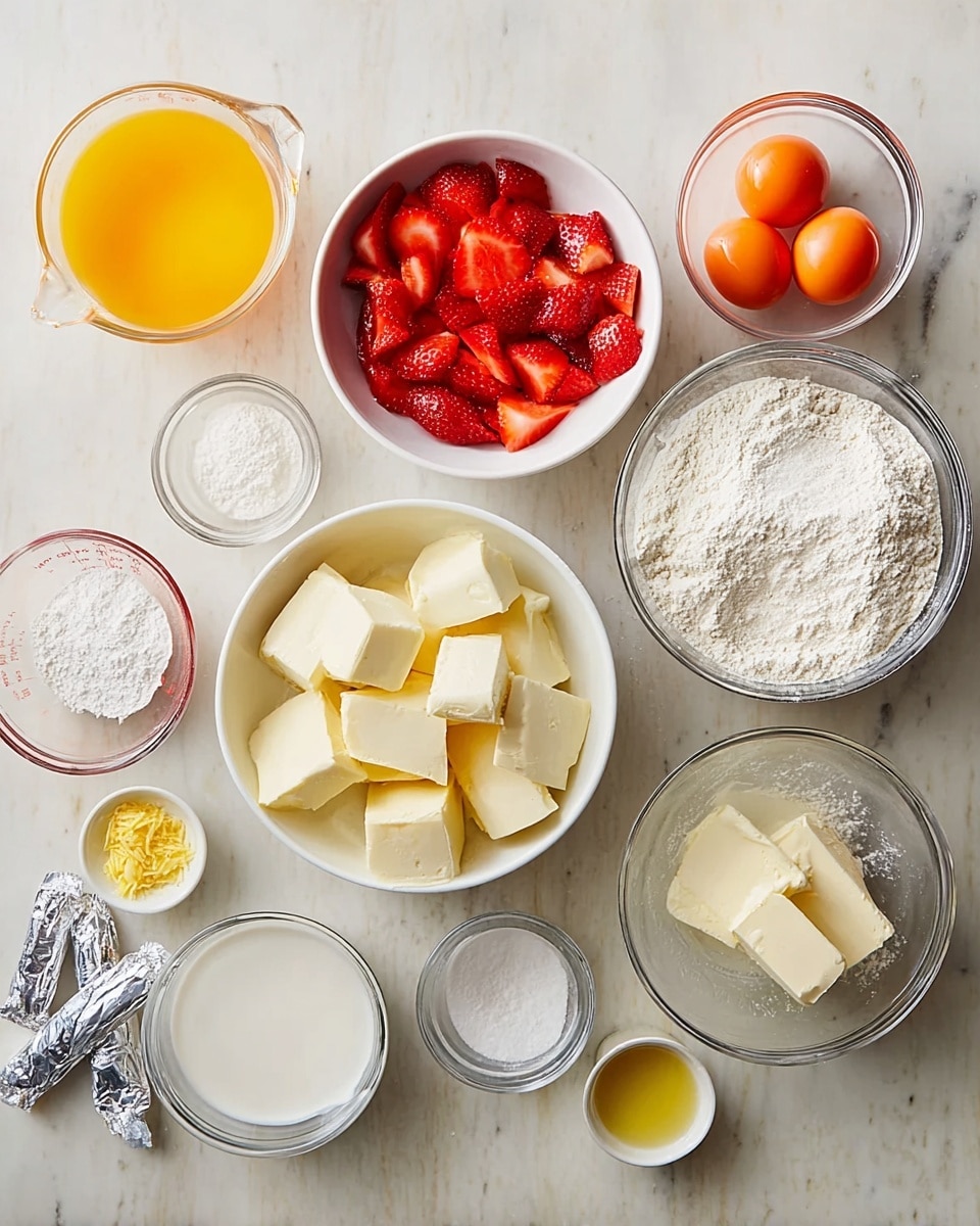 The image shows multiple white bowls and clear measuring cups arranged on a white marbled surface, each filled with different baking ingredients. Starting from the top left, a small white bowl holds a yellow liquid, next to it a white bowl is full of bright red sliced strawberries. To the right, a clear glass bowl contains three orange yolks, and further right, a large white bowl is filled with white granulated sugar. Below the sugar bowl, another large white bowl holds white flour. In the center, a white bowl is filled with several chunks of pale yellow butter. To the left of the butter, a small clear bowl has white powder, and next to it, two foil-wrapped sticks of cream cheese rest on the surface. Near the foil, a tiny bowl holds yellow zest. At the bottom left, a clear measuring cup has white liquid, and to its right, a small bowl contains a white solid piece. Just above this bowl, another clear measuring cup is partially filled with white liquid. The overall setting is neat, with each ingredient clearly visible on the smooth white marbled background photo taken with an iphone --ar 4:5 --v 7