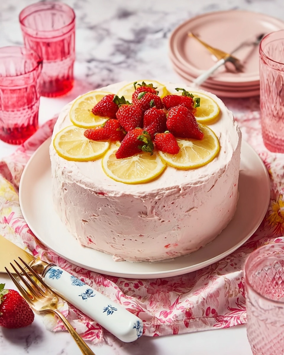 A round, two-layer cake covered in light pink frosting with a creamy, slightly uneven texture showing bits of strawberries within. The top of the cake is decorated with fresh red strawberries and thin lemon slices arranged in a circle in the center. The cake sits on a white plate placed on a pink and white patterned cloth over a white marbled surface. Around the plate, there are pink tinted clear glasses and a white cake server with blue designs next to a gold fork. photo taken with an iphone --ar 4:5 --v 7