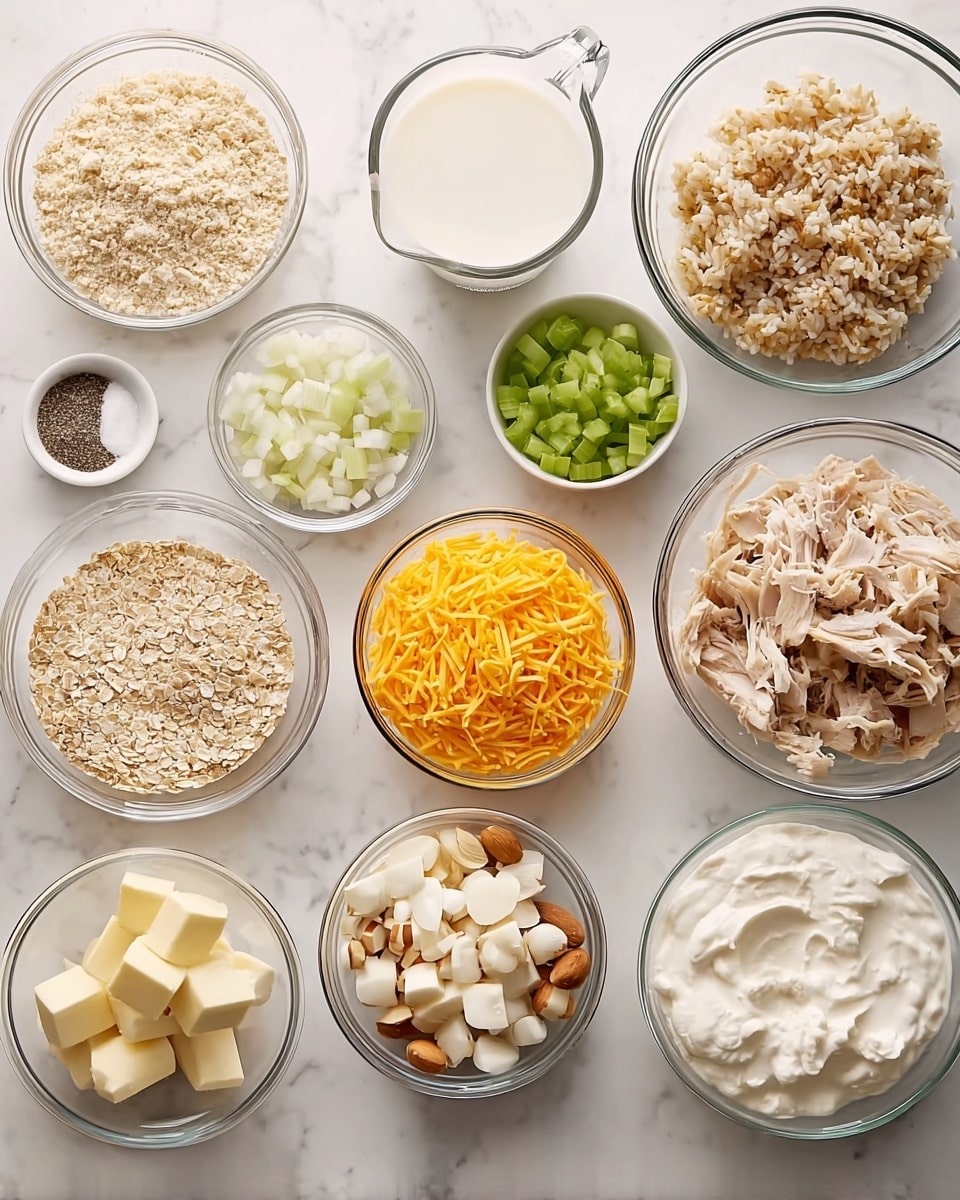 The image shows eleven clear glass bowls on a white marbled surface, each filled with different ingredients arranged in rows. Starting from the bottom left, there is a bowl of light beige breadcrumbs next to a bowl with shredded cooked chicken. Above them is a bowl of cooked rice, light and dark brown in color. To the right of the chicken bowl, there is a bowl full of bright orange shredded cheddar cheese and next to it, a bowl with finely chopped white onions. Above the onions is a small glass cup with some black pepper, salt, and two white round cubes. To the left of the seasoning, there is a glass measuring cup filled with white milk. Above the rice is a small bowl with chopped green celery. Between the celery and cheese is a bowl with white cream cheese, topped with a chunk of pale yellow butter. Next to the butter on the right is a bowl with white sour cream and above that, a bowl with sliced water chestnuts, pale beige in color. Below the butter and cream cheese, there’s a small bowl with almond slices. The bowls are neatly spaced and the overall image is well lit and clear. photo taken with an iphone --ar 4:5 --v 7