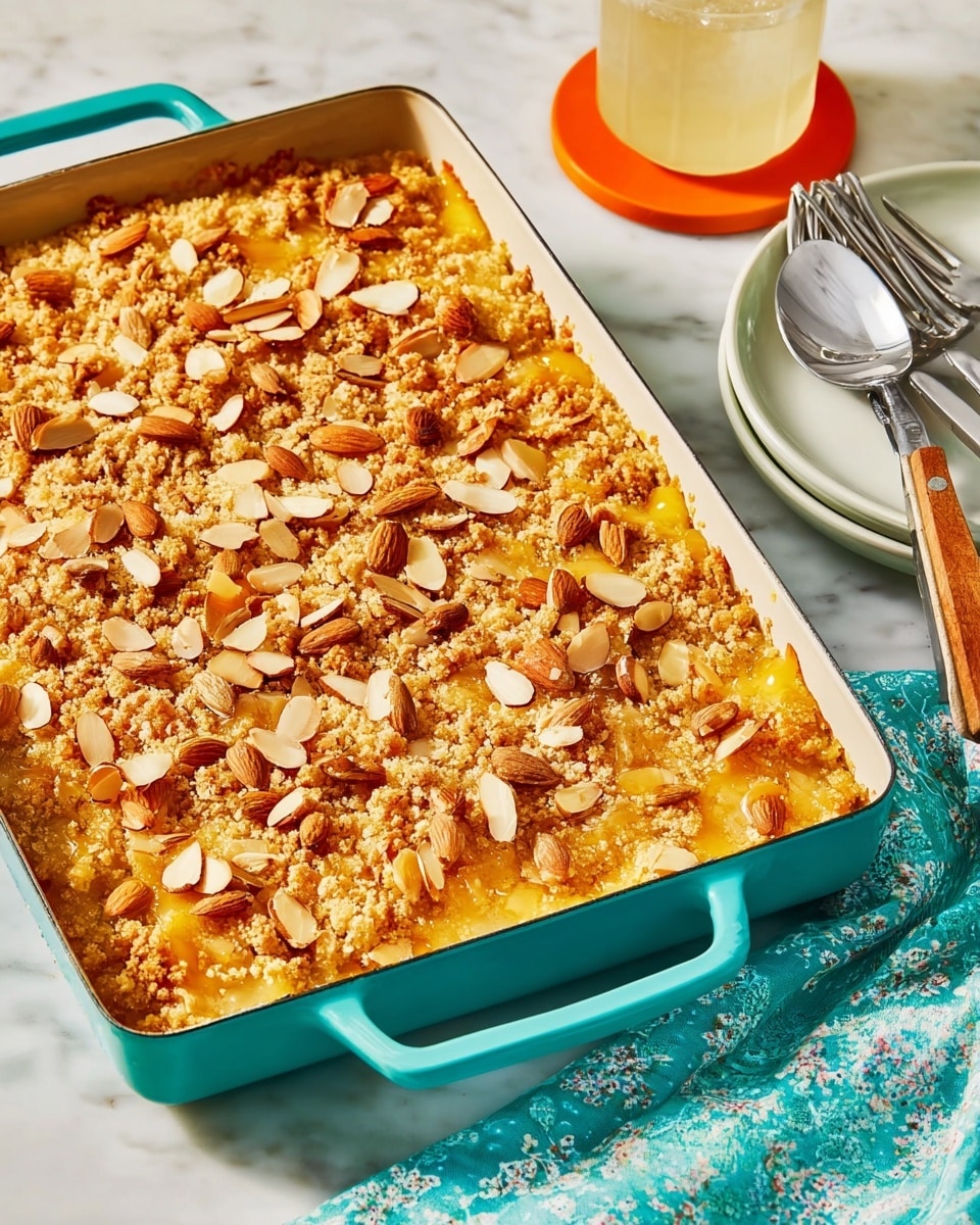 A rectangular baked dish in a turquoise pan with handles contains a golden brown crumb topping sprinkled with many sliced almonds. The crumb topping has a slightly crispy texture, showing patches of melted cheese or sauce underneath in a pale yellow shade. The dish is placed on a white marbled surface with a turquoise and white patterned cloth beneath it. On the right side, there is a stack of white plates with three forks on top, and on the left, a big spoon with a white and black handle rests partly on an orange coaster. A light-colored drink in a transparent glass is visible at the top right corner. The image is bright with natural light. photo taken with an iphone --ar 4:5 --v 7