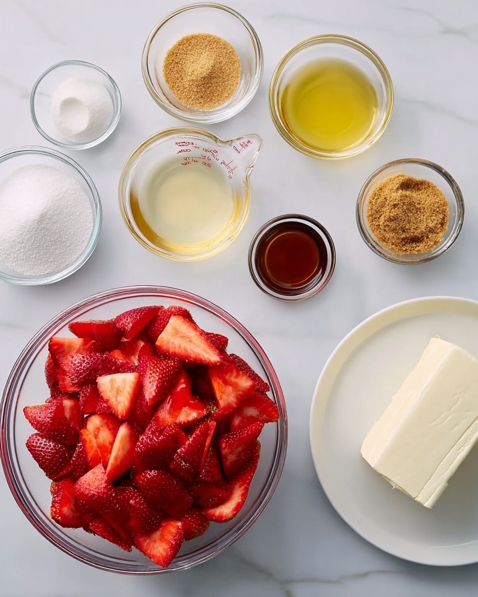 A clear glass bowl filled with bright red sliced strawberries sits in the center on a white marbled surface. Surrounding it are smaller clear glass bowls holding different ingredients: a light yellow liquid, white granulated sugar, a dark brown liquid, pale yellow cream, and coarse brown crumbs. A white plate holds a block of smooth white cream cheese, and a small clear cup contains a pale yellow liquid with a measuring mark. The arrangement is neat and simple, with soft, natural light illuminating the fresh colors. photo taken with an iphone --ar 4:5 --v 7