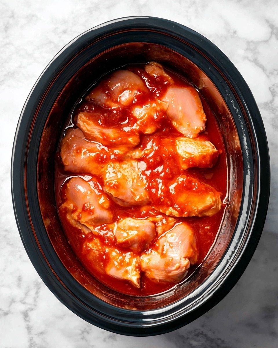Inside a black slow cooker, uneven pieces of raw chicken are covered in a thick, shiny red sauce. The chicken pieces are pale pink with a smooth texture, and the bright red sauce coats them fully, pooling around the edges. The slow cooker sits on a white marbled surface, and the photo is taken from above, showing the chicken and sauce filling the cooker evenly. photo taken with an iphone --ar 4:5 --v 7