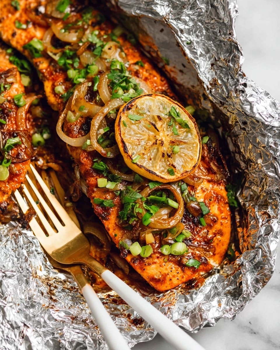 A close-up view of a baked salmon fillet wrapped in shiny foil, showing three layers: the bottom layer is the bright orange salmon with a slightly flaky texture, the middle layer includes a grilled lemon slice with char marks, and the top layer is made of translucent rings of cooked onions and chopped green herbs scattered over the fish, adding specks of green. The foil is slightly crinkled around the edges, and a white and gold fork rests on the left side, partially dipped into the salmon. The whole scene is set on a white marbled texture. photo taken with an iphone --ar 4:5 --v 7