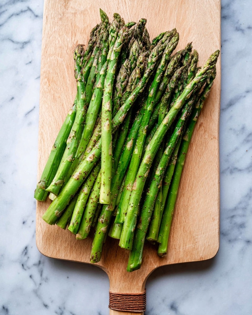 A wooden cutting board rests on a white marbled surface, holding a pile of fresh green asparagus spears. The asparagus are arranged in a slightly overlapping manner, showing their smooth, bright green stalks with darker green tips and hints of light brown char or seasoning all over. The texture of the asparagus looks firm and fresh, with small bumps on the stalks. The cutting board has a light wood grain with a handle wrapped in a darker material at the bottom. Photo taken with an iphone --ar 4:5 --v 7