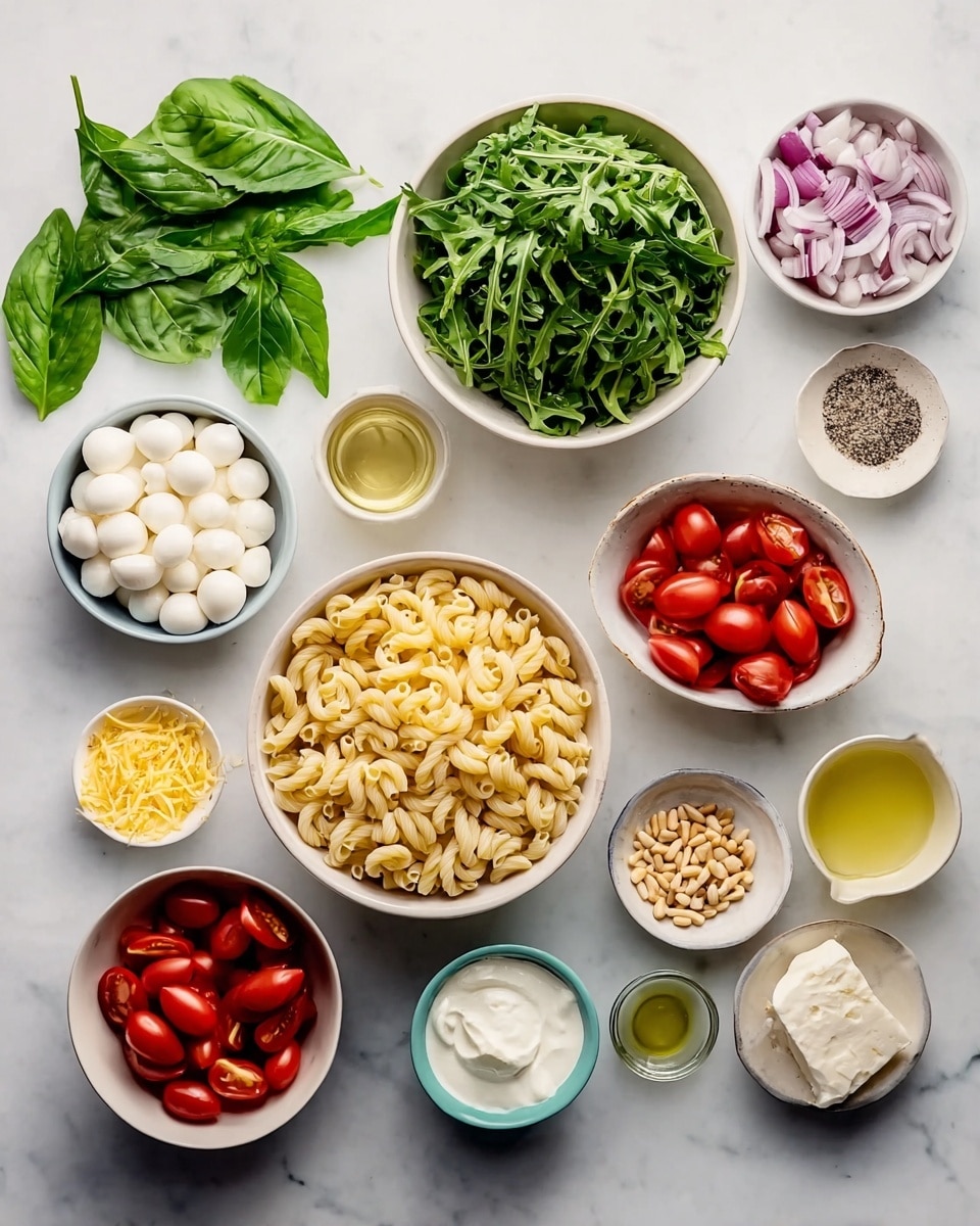 The image shows many small white bowls arranged on a white marbled surface. There are ten main bowls with food items: one large bowl with light yellow twisted pasta on the right center, one medium bowl with green arugula leaves above the pasta, one medium bowl filled with red halved cherry tomatoes below the arugula, one small bowl with yellow lemon zest below the tomatoes, one small bowl with pine nuts below the lemon zest, one medium bowl with small white mozzarella balls above the tomatoes, one small bowl with red onion slices above the mozzarella, one small bowl with white creamy mayonnaise near the top right, one small bowl with black pepper next to the mayonnaise, and one small bowl with white salt next to the pepper. On the far left, there are fresh green basil leaves and a small bowl with two garlic cloves. There is also a small bowl with grated cheese below the basil. A small cup with light yellow liquid, likely vinegar or lemon juice, is placed near the pasta on the bottom right. The whole setup is clean, bright, and neatly organized. Photo taken with an iphone --ar 4:5 --v 7