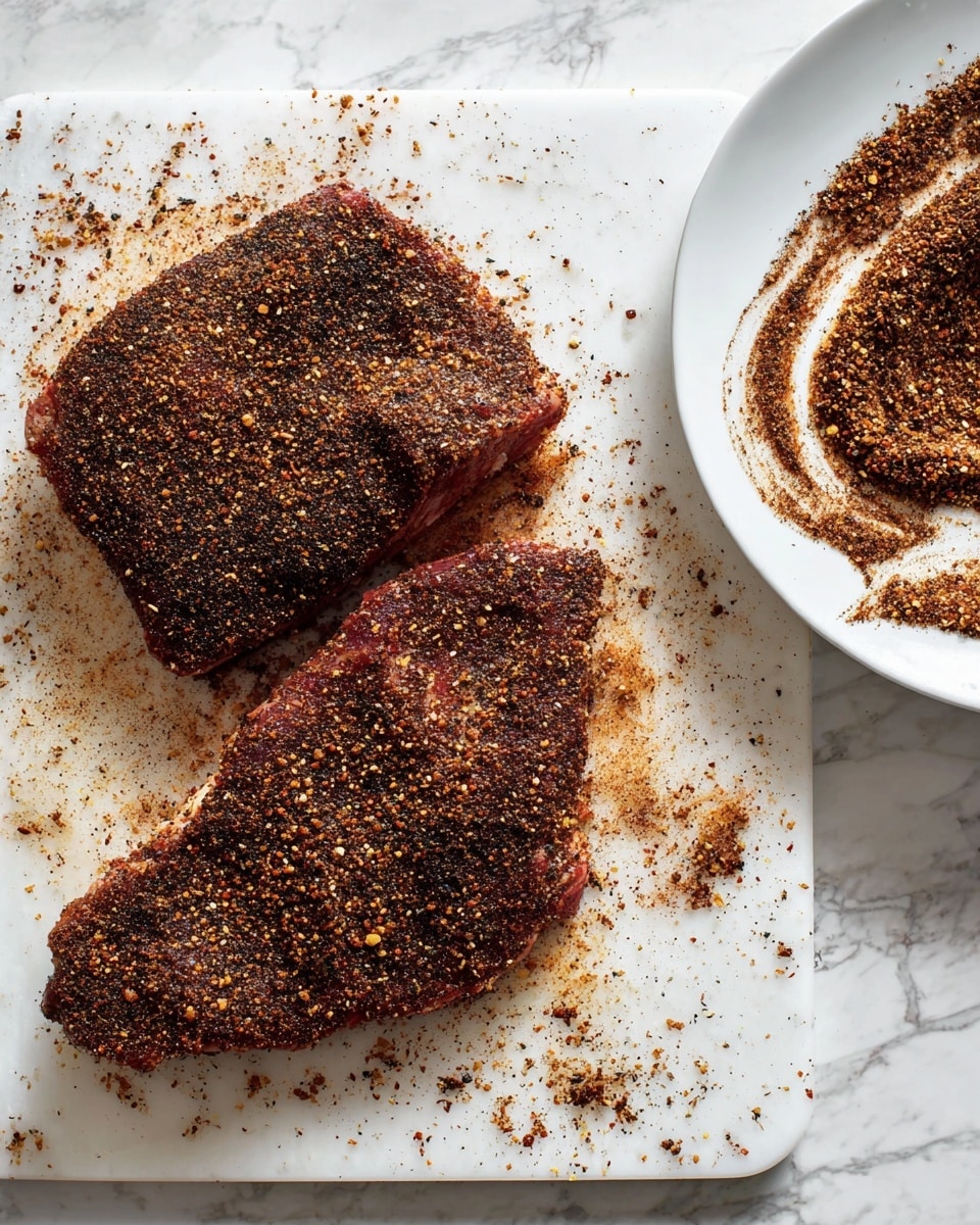 Two pieces of raw meat lay on a white cutting board, each piece covered with a thick layer of dark brown and black coarse spices. The spices are unevenly spread, creating a rough texture on the meat's surface, with some spice bits scattered around on the cutting board. To the side is a white plate with more of the same spices, swirled and spread in a messy pattern. The background shows a white marbled texture. Photo taken with an iphone --ar 4:5 --v 7