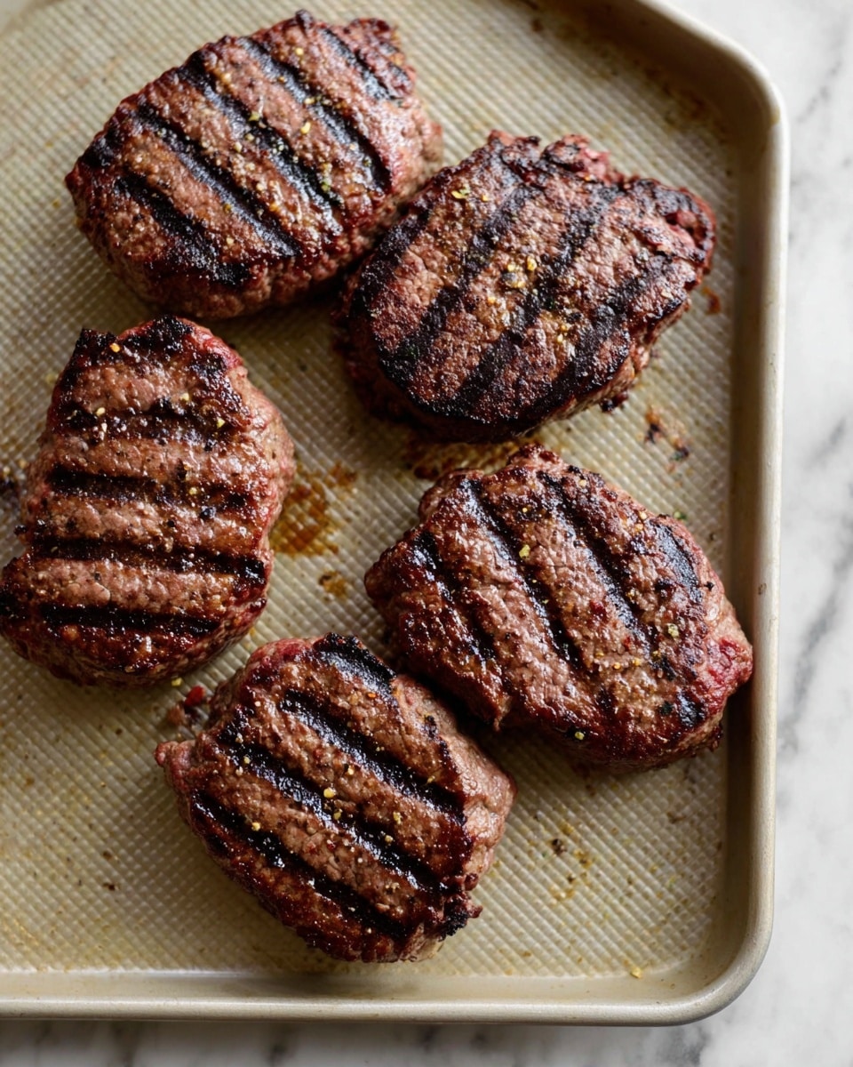 The image shows five grilled meat patties placed closely together on a light beige textured baking tray. Each patty has visible dark grill marks crossing horizontally, with a seared brown and slightly reddish outer surface. Small bits of seasoning are scattered on top of the meat, adding specks of yellow and black. The baking tray rests on a white marbled surface. photo taken with an iphone --ar 4:5 --v 7