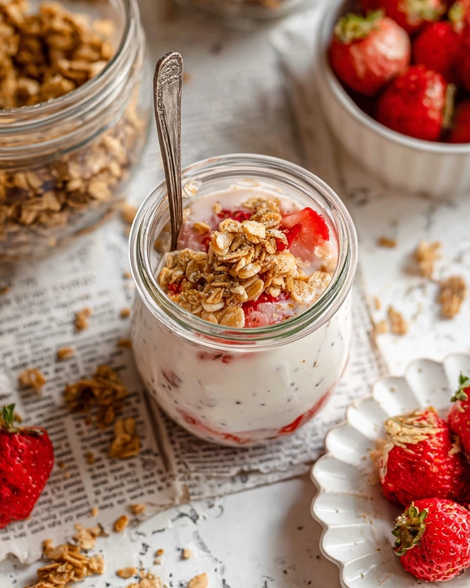 The image shows a clear glass jar filled with layers of creamy white yogurt mixed with small seeds and pieces of red strawberry, topped with golden brown granola clusters scattered on the surface. A silver spoon is partly dipped inside the jar, resting against the glass rim. Around the jar, there are fresh whole strawberries on a white plate with scalloped edges and a small bowl, and a spilled container holding more granola in the top left corner. The background features a white marbled texture with pieces of torn newspaper underneath the jar, giving a cozy and rustic feel. photo taken with an iphone --ar 4:5 --v 7
