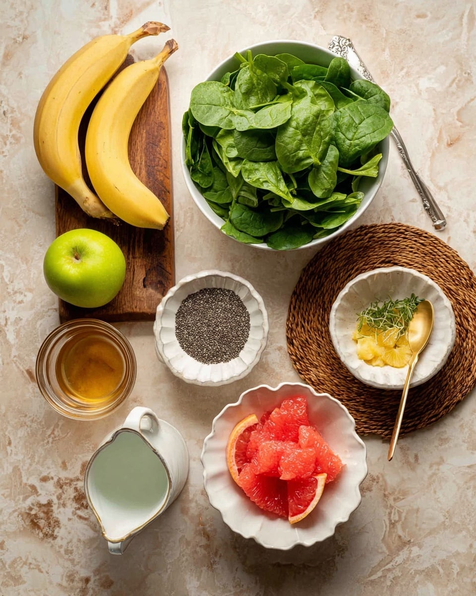 The image shows a top view of fresh ingredients on a white marbled surface. In the center, there is a white bowl filled with bright green spinach leaves. Above it to the right, a white bowl with thin dark green leaves, likely herbs, sits on a woven mat. Near it, a small white bowl has yellow grated or mashed ginger. Below that, a white scalloped bowl holds black chia seeds. To the right, a white bowl contains bright red grapefruit pieces with a small gold spoon inside. On the top left, a ripe yellow banana and a green apple rest on a wooden board. At the bottom left, a clear glass of water, a small white jug with a light liquid, and a small white bowl with a honey-like golden liquid are arranged neatly. photo taken with an iphone --ar 4:5 --v 7