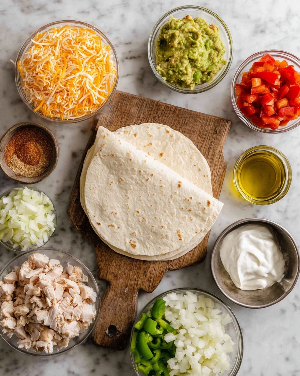 The image shows ingredients arranged neatly on a white marbled surface. In the center, there is a wooden board with two folded white tortillas stacked on top of each other. Around the tortillas are small glass bowls filled with shredded orange and white cheese, green guacamole, light brown seasoning powder, chopped raw chicken pieces, chopped white onions, red and green bell peppers, a scoop of white sour cream in a small metal dish, and a cup of olive oil. All items are fresh and colorful, creating a vibrant mix ready for making tacos or similar dishes photo taken with an iphone --ar 4:5 --v 7