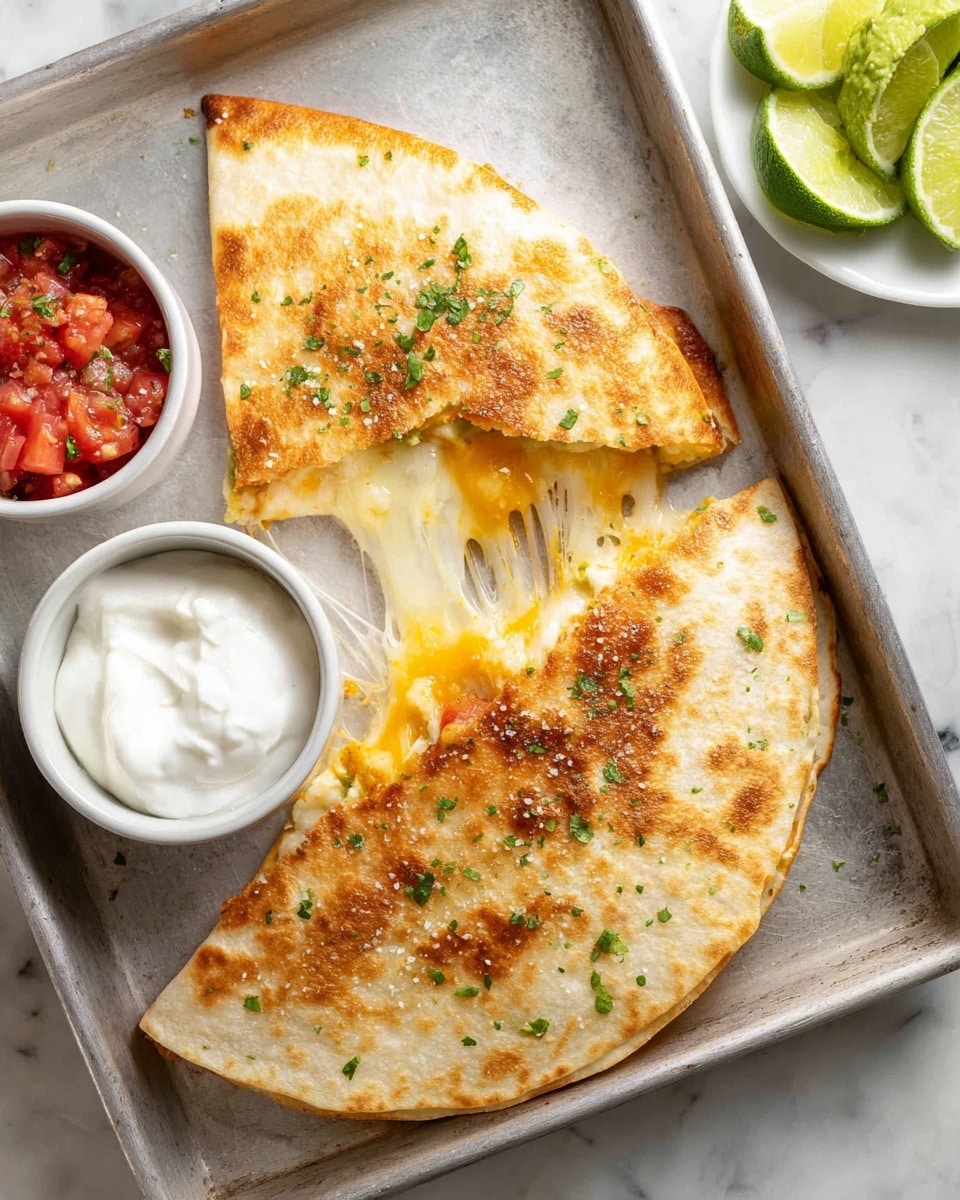 A golden brown quesadilla cut in half on a silver tray with a white marbled background, the top half slightly lifted showing melted pale yellow and white cheese stretching between the two halves, sprinkled with small green chopped herbs and coarse salt flakes on top, near small white bowls filled with chunky red tomato salsa, creamy green guacamole, white sour cream, and a white plate holding green lime wedges at the top right corner, photo taken with an iphone --ar 4:5 --v 7