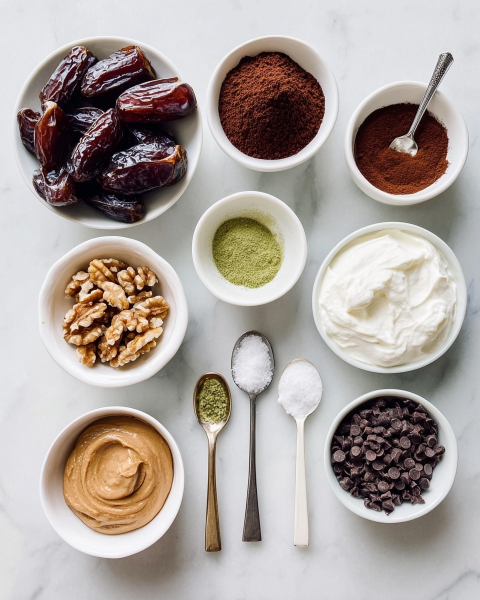 The image shows nine small bowls and spoons arranged neatly on a white marbled surface. In the top left, there is a white bowl filled with glossy dark brown dates. Below it, a white bowl holds a fine dark brown powder, likely cocoa. Next to the cocoa, a white bowl has a smooth, light brown creamy spread. On the bottom left, a white bowl contains rough walnut halves, and to its right, a white bowl holds a white solid fat with a creamy texture. To the right of the creamy spread, three spoons are lined up, the first small with white salt, the second with green powder, and the third large empty. On the top right, a white bowl is filled with fluffy white cream, and below it, a small white bowl holds solid white fat. Finally, at the bottom right, a white bowl contains dark chocolate chips. Photo taken with an iphone --ar 4:5 --v 7