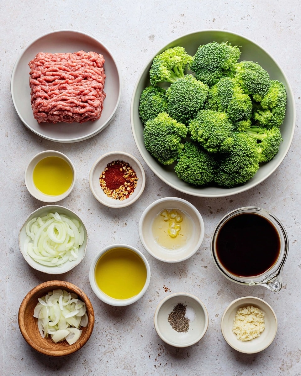 The image shows a white marbled surface with several bowls arranged neatly. The largest bowl in the center holds bright green broccoli florets with a textured surface. To the left, a white bowl contains a block of raw ground meat with visible strands and a pinkish-red color. Below it, a small wooden bowl is filled with chopped white onions. Around these are smaller white bowls containing various ingredients: bright yellow oil, a light golden liquid, minced ginger and garlic with pale yellow colors, a small bowl of white salt, a scattering of red pepper flakes, a dark brown sauce in a measuring cup, and ground black pepper and salt in another small wooden bowl. Photo taken with an iphone --ar 4:5 --v 7