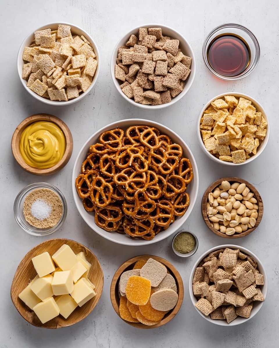 The image shows 11 bowls and containers, each holding different snack ingredients, placed on a white marbled surface. In the center is a white bowl full of shiny, brown pretzels. Surrounding it are larger white bowls with three kinds of square cereals in light beige, medium brown, and dark brown shades. Another white bowl at the bottom left has neatly stacked pale yellow butter slices. There are smaller wooden bowls holding light brown and yellow powders, white granulated salt, and a greenish powder. Small bowls hold roasted peanuts and round slices of an orange and beige dried snack. Finally, a white bowl at the top left contains smooth yellow mustard, and next to it is a glass bowl with dark sticky syrup. The scene is clean and arranged neatly. photo taken with an iphone --ar 4:5 --v 7