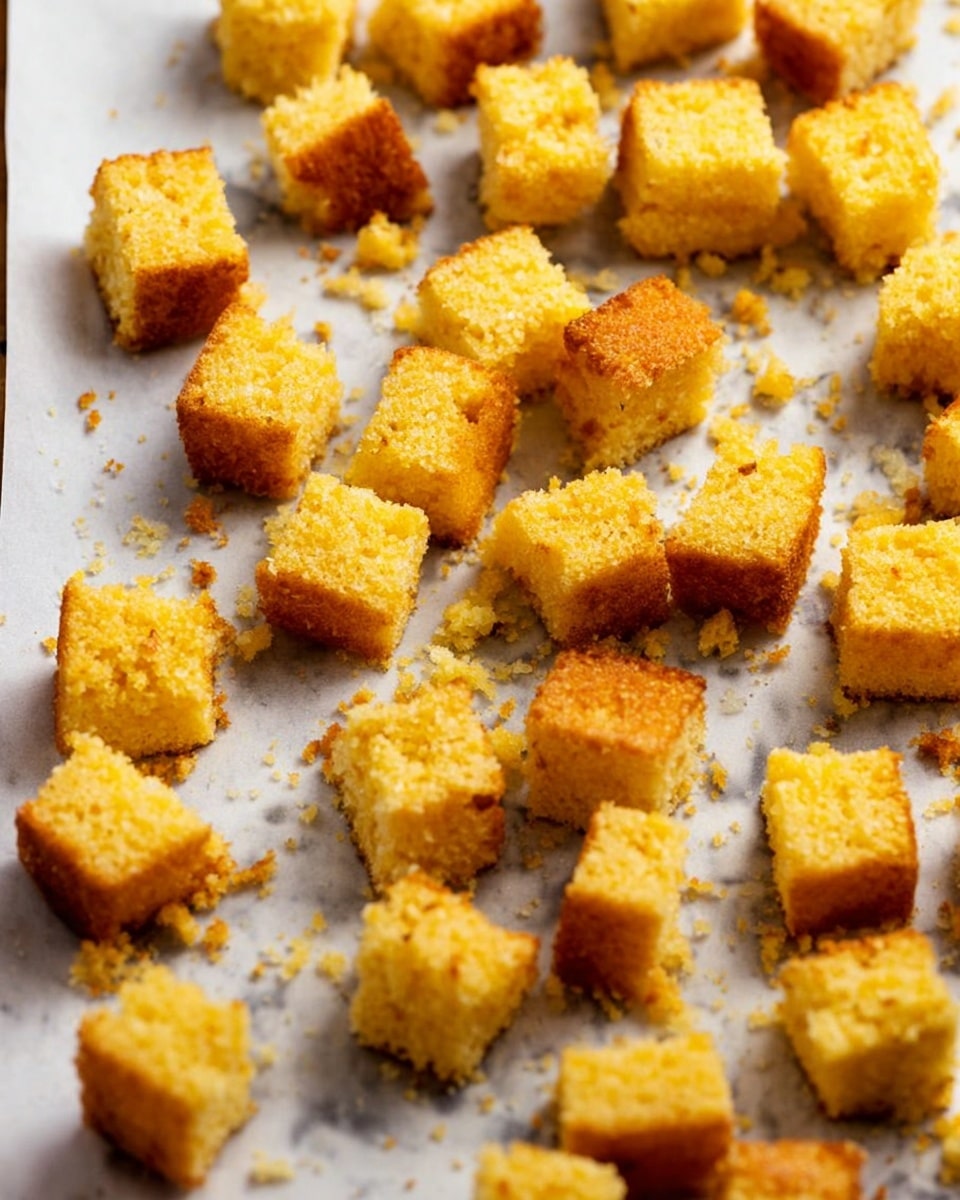 This image shows many small golden-yellow cubes of baked cornbread with a crumbly texture, spread out on a baking tray lined with parchment paper. The cornbread cubes have a light brown crust on the edges and a soft, moist inside. Some crumbs are scattered around the tray. The background is a white marbled texture. photo taken with an iphone --ar 4:5 --v 7