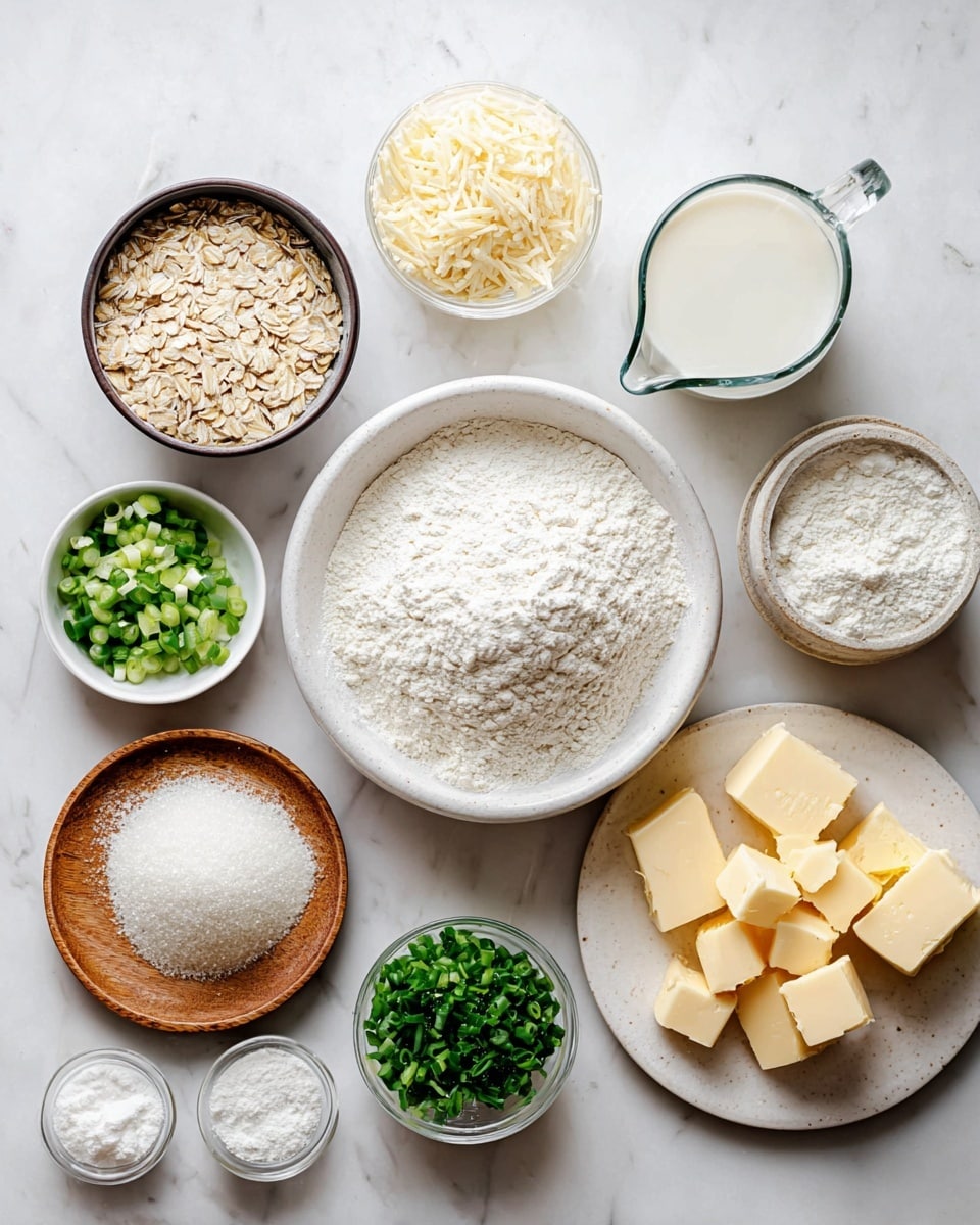 The image shows several small white bowls and a clear glass cup arranged neatly on a white marbled surface, each holding different ingredients. In the center, there is a larger white bowl filled with white flour. Surrounding it, on the left, are smaller bowls containing rolled oats, salt, and grated cheese. On the right side, there are diced butter cubes on a wooden plate, chopped green onions in a white bowl, finely chopped chives in a clear plate, and a pitcher filled with a white liquid that looks like milk or cream. There are also two small bowls with white powders, possibly baking powder or baking soda. The arrangement is clean and bright with soft natural light. Photo taken with an iphone --ar 4:5 --v 7