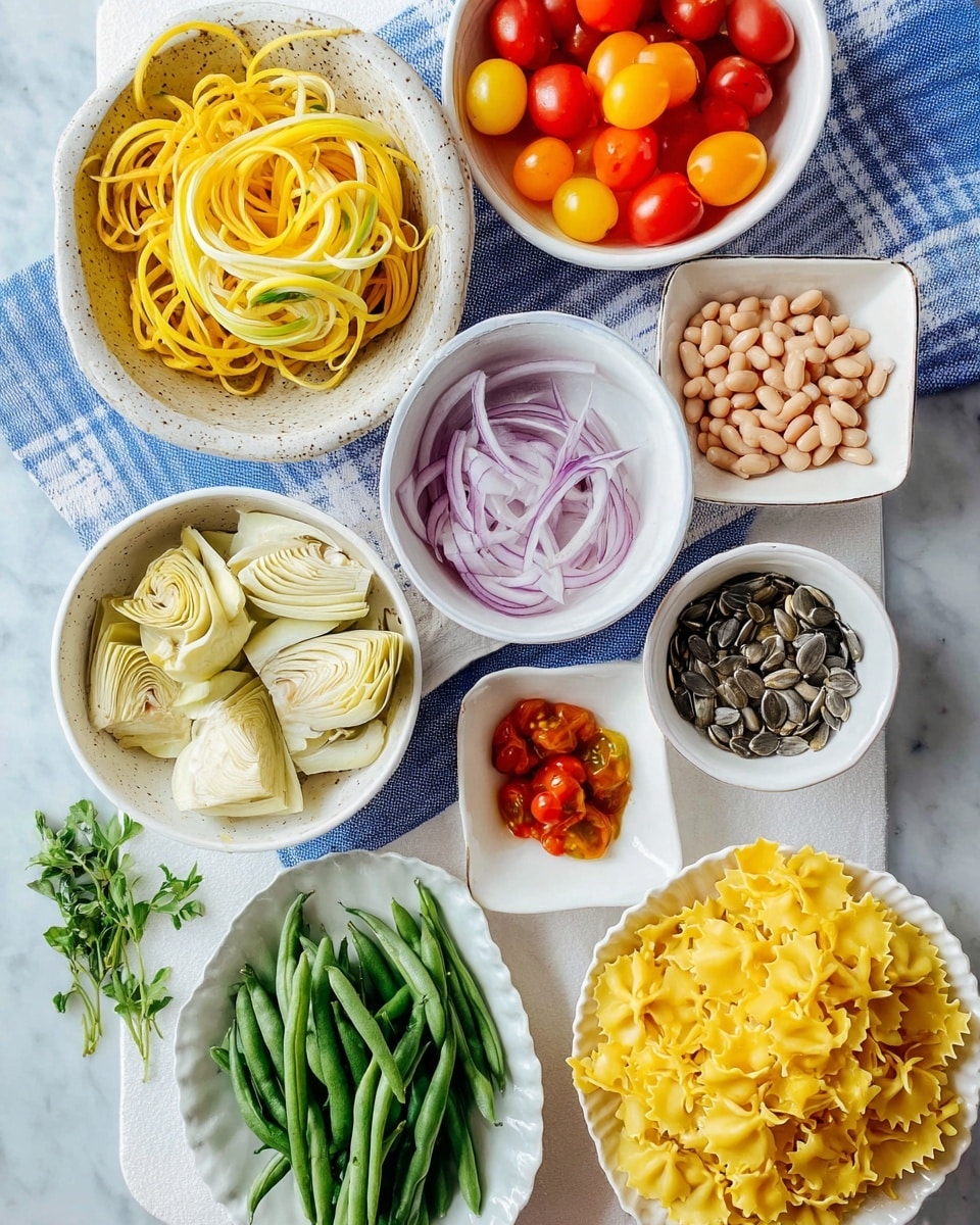 Several small white bowls and plates are arranged on a white marbled surface over a blue and white checkered cloth. The main items include a white bowl of colorful cherry tomato halves in red, orange, and yellow shades placed near the center. To the left, a speckled white bowl holds a nest of yellow and white spiralized squash noodles. Below it, a white bowl filled with sliced pale artichokes is next to another small white bowl of thinly sliced red onion. In the middle, a white bowl contains light tan beans. To the right, a white plate holds bright green cut green beans, and next to it, a small white scalloped bowl is full of sunflower seeds. At the bottom right, a white fluted plate is filled with golden yellow ruffled pasta. There is a small cluster of fresh green herbs on the lower left side of the setup. The overall scene is clean, fresh, and colorful. Photo taken with an iphone --ar 4:5 --v 7