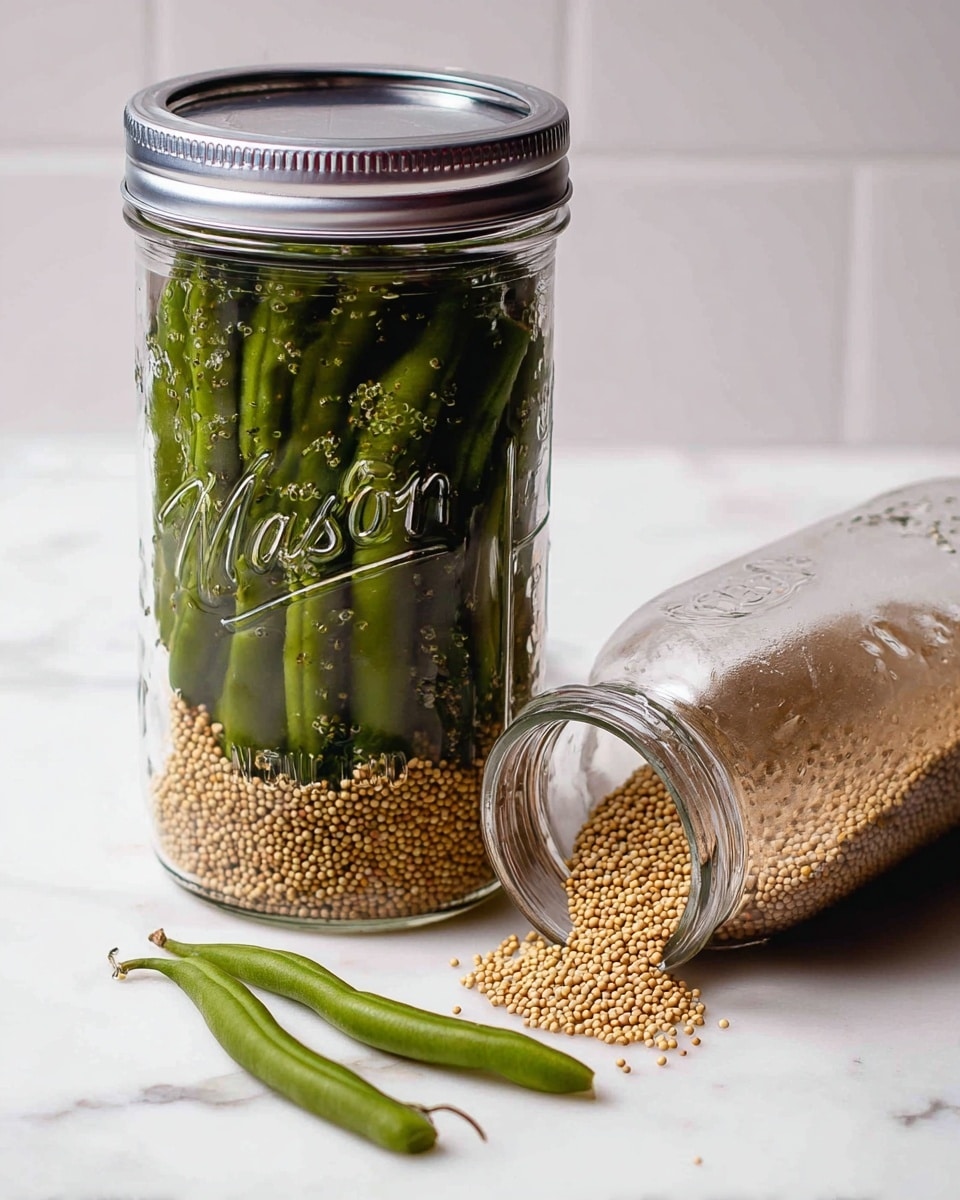 A clear glass mason jar filled with whole green beans and mustard seeds at the bottom, sealed with a silver metal lid that has the word